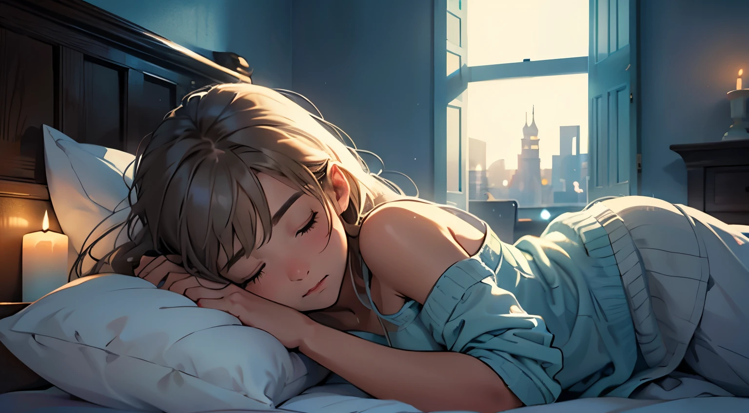 Anime girl laying on bed with head on pillow in bedroom - SeaArt AI