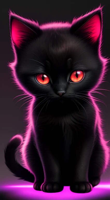 Small full black Baby cute cat,baby cute cat in dark night and cat eye is glowing red light, high quality,high resolution,neon background