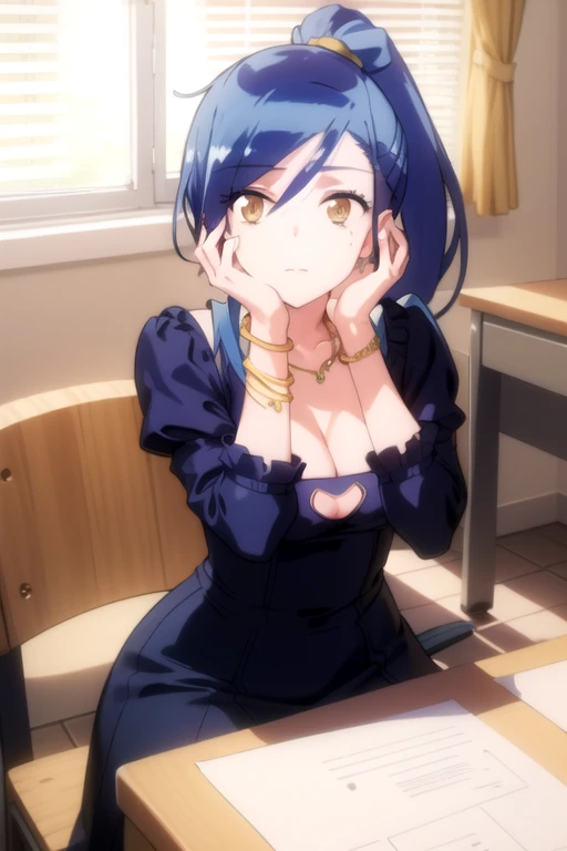 1girl, solo, (masterpiece, best quality:1.4), extremely detailed face, perfect lighting,hair between eyes, ponytail, jewelry, dress, cleavage, bracelet, clothing cutout, desk, hands on own face,