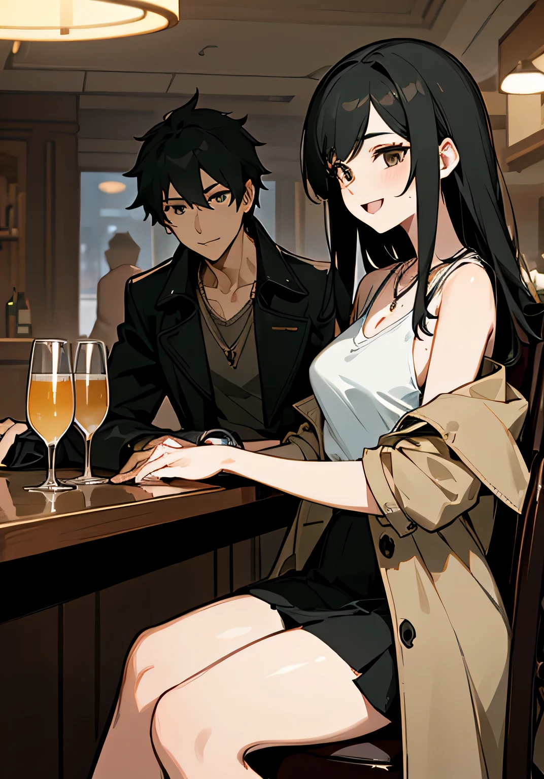 {best quality},Stylish bar counter、long black hair、mature woman、big breastischievous smile、open-mouth、trench coat、v-neck-tank top、skirt、necklace、clutch bag、Side view、cowboy shot、looking at the camera、sitting 、chair