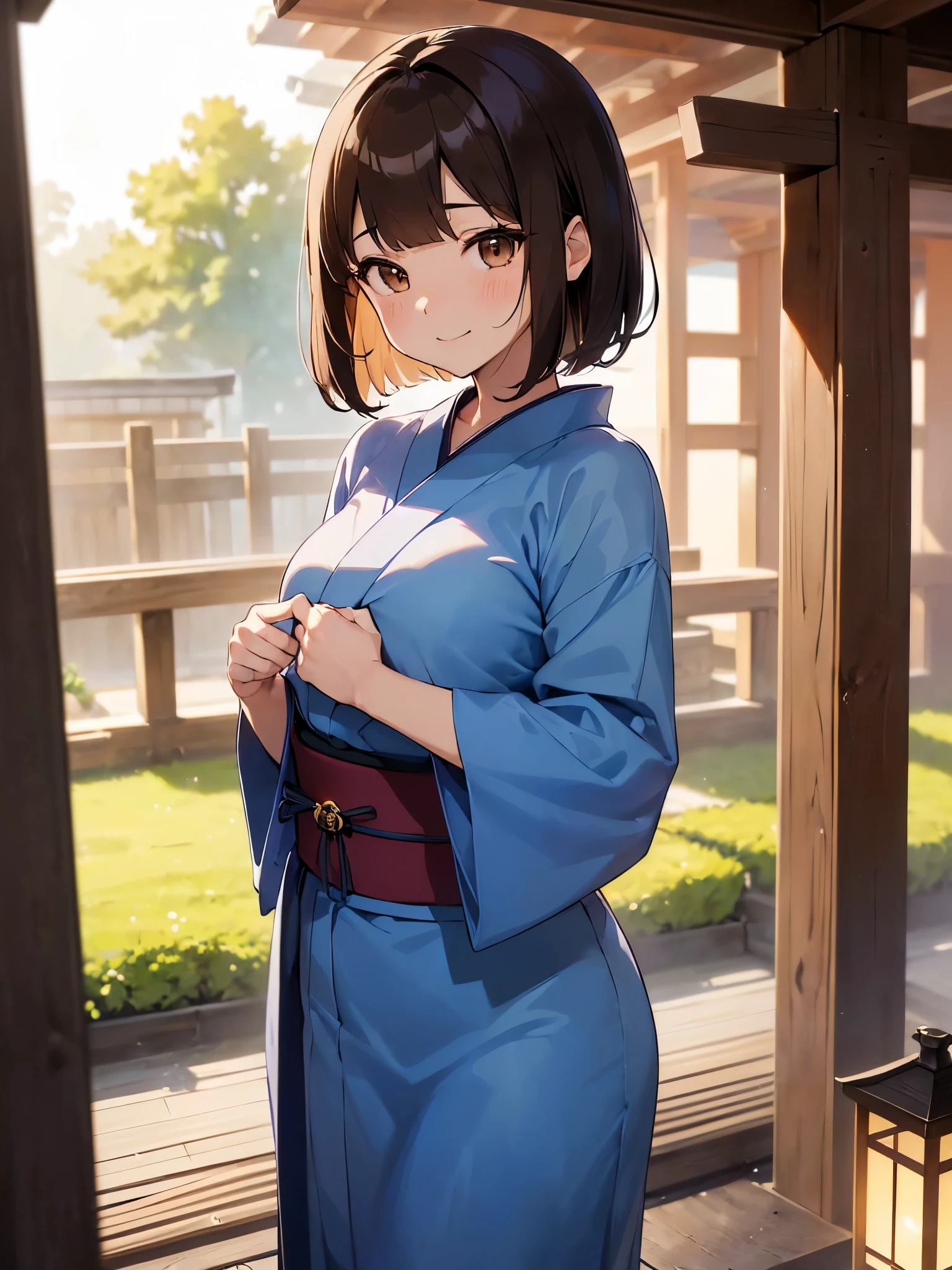 (((A vividly colored anime picture:1.3,photograph:1.3,Cinematic Lighting:1.3,最High resolution:1.3,Highest image quality:1.3,masterpiece:1.3))),(((1 female:1.3)))、(((The indigo blue yukata at the inn:1.3))),(((highest quality、masterpiece、High resolution)))、(((wavy hair:1.3、brown hair、bob cut hair、round eyes、brown eyeove the bangs to the side、,big chest、flushing:1.3,smile:1.3))),(((Places to visit in Japan:1.3、noon:1.3,Dazzling Summer:1.3)))