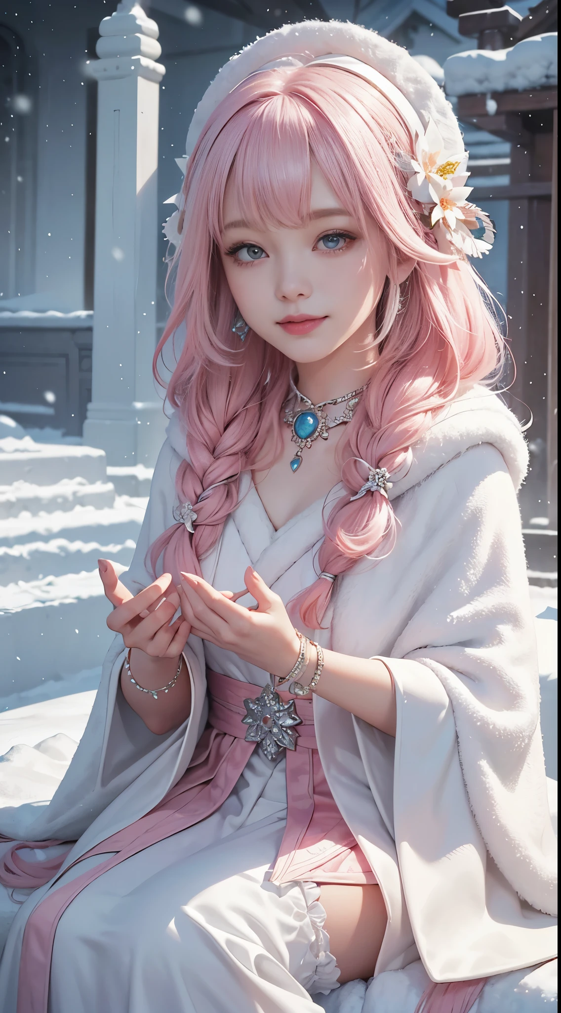works of masters,best image quality,ultra high resolution,8K resolution,sitting,the only person,woman,smile,white long hair,pink hair,crossed bangs,Bob head,bracelet,collar,meanwhile,ta costume,snow flower,winter,temple,new year,opal rendering,cinematic lighting,(falling snow,cloak),