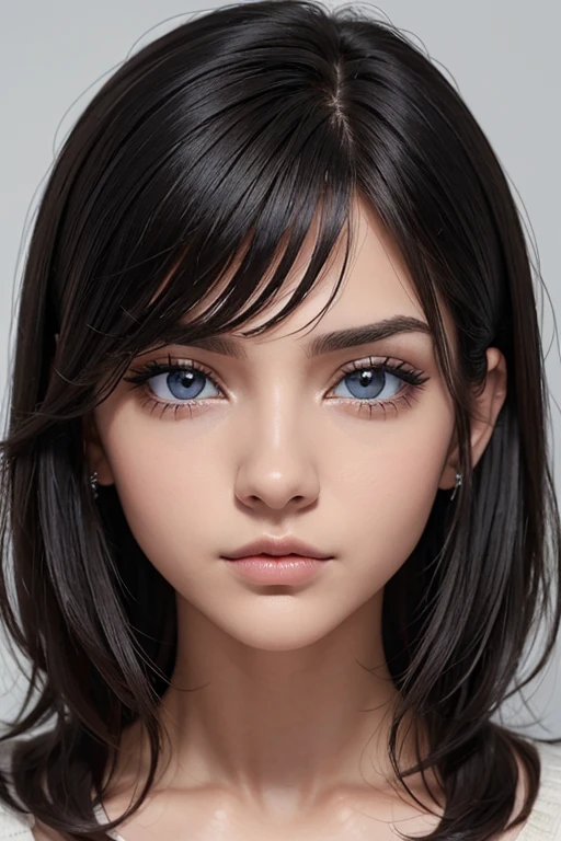 ((Mejor calidad)), ((obra maestra)), (detallado), cara perfecta, ojos azules, cabello negro corto con flequillo estilo bob labios voluminosos nariz respingada belleza extraordinaria y muy detallado