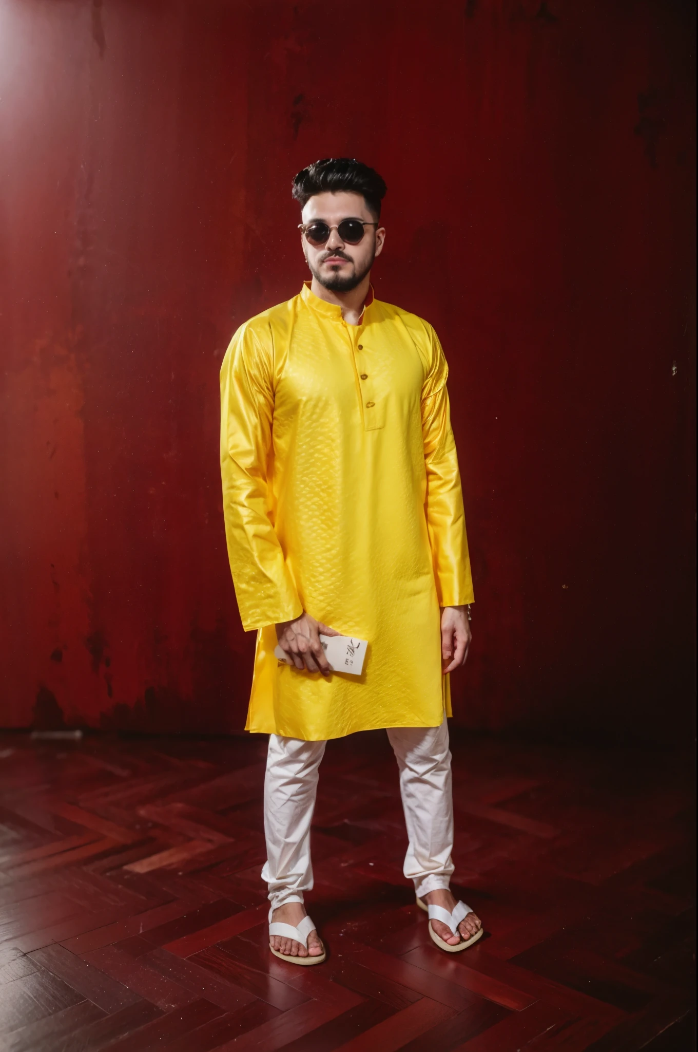 araffe dressed in yellow and white standing in front of a red wall, wearing a kurta, wearing a silk kurta, in style of col price, yellow clothes, traditional clothing, elegant yellow skin, with yellow cloths, * colour splash *, yellow, golden colour, traditional clothes, yellow hue, stylish pose, king in yellow, with lovely look