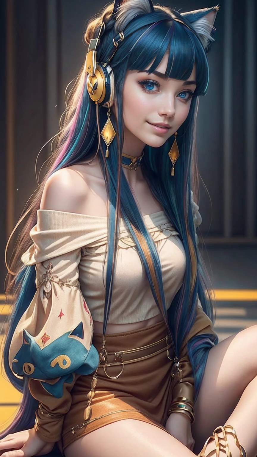 最high quality, 8K, masterpiece: 1.3, Ultra HD, high quality, 最high quality, High resolution, realism)) 、25 year old white woman、brunette、blue eyes、long hair、smile、slender、slenderだがアスリートのような細マッチョ、I don't want my head to disappear from the screen.、Wear accessories on your wrist、Wearing red nail polish、I have a peticure、aerial perspective((atmospheric perspective))、smile((smiley))、background blur((depth of field)、Wear a sheer, off-the-shoulder bodycon top、wear sandals、have a clutch bag、Skyscraper background、Waiting for a traffic light at an intersection、crystal earrings((crystal earrings))、inner color((colored inner hair))、long hair ((long hair))、dark blonde、Bangs at the parting((parted bangs))、Cat ear headphones((cat ear headphones))