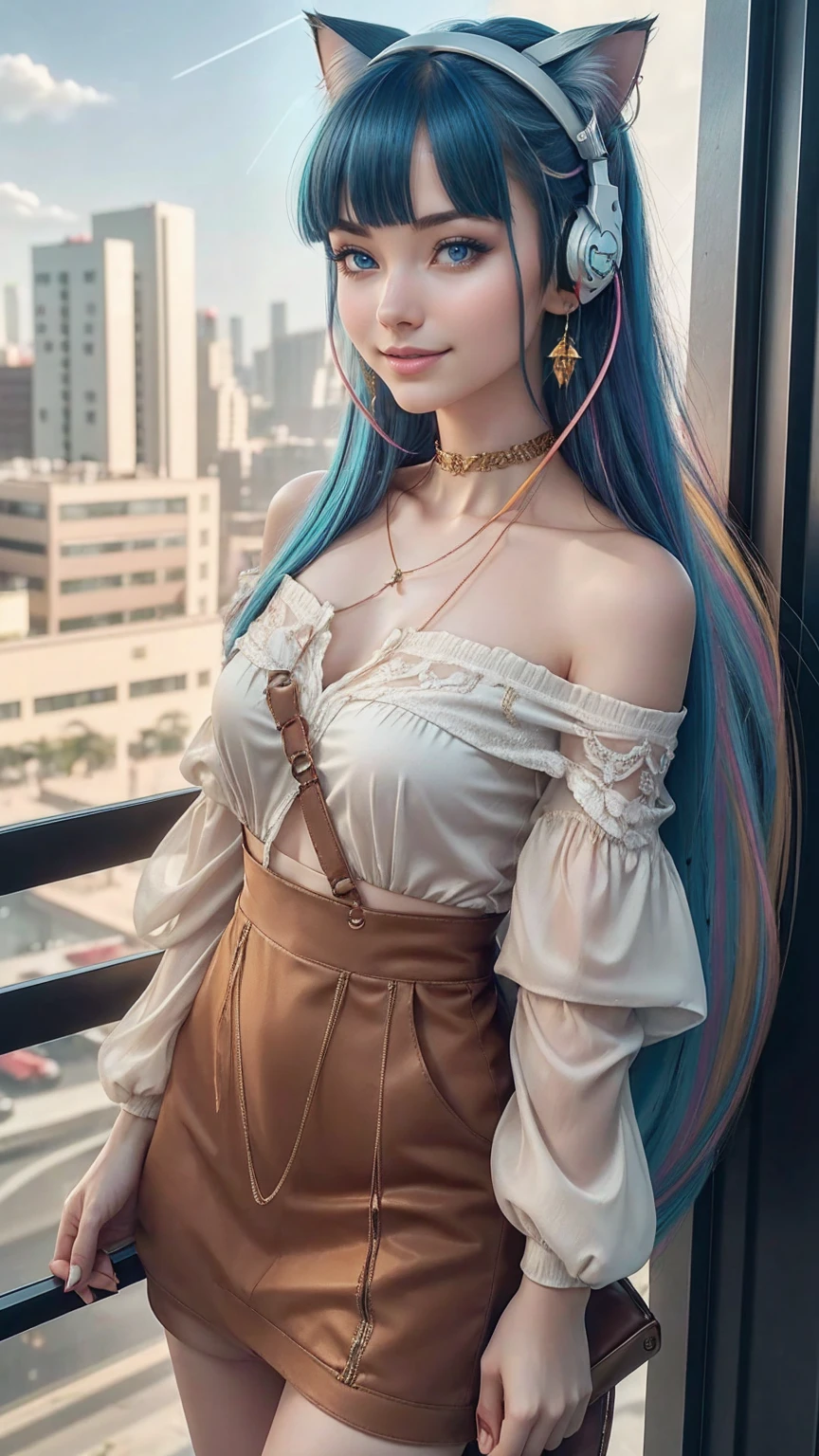 最high quality, 8K, masterpiece: 1.3, Ultra HD, high quality, 最high quality, High resolution, realism)) 、25 year old white woman、brunette、blue eyes、long hair、smile、slender、slenderだがアスリートのような細マッチョ、I don't want my head to disappear from the screen.、Wear accessories on your wrist、Wearing red nail polish、I have a peticure、aerial perspective((atmospheric perspective))、smile((smiley))、background blur((depth of field)、Wear a sheer, off-the-shoulder bodycon top、wear sandals、have a clutch bag、Skyscraper background、Waiting for a traffic light at an intersection、crystal earrings((crystal earrings))、inner color((colored inner hair))、long hair ((long hair))、dark blonde、Bangs at the parting((parted bangs))、Cat ear headphones((cat ear headphones))