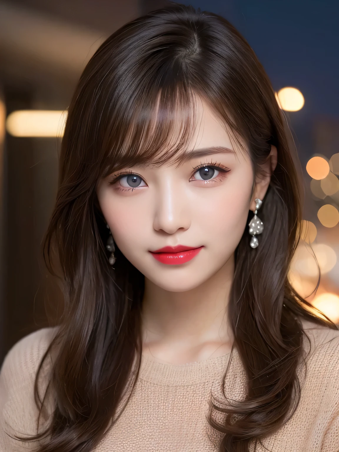 Beautiful urban college girl、masterpiece、Light makeup、red lips、silver hair、long messy hair、Background of the cityscape、beautiful and elegant。 super fine detailasterpiece、authentic texture、cinematic lighting realism、perfect piece、16K、HD、exquisite features、blue eyes、japanese idol、beautiful face、cute smile、brown hair、beautiful hair、glamorous、big breasts、erect nipples、 oily muscles、shiny skin、tanned skin、Dark glowing skin、I'm wearing a sexy knitted sweater: 1.3、Bright big eyes、smooth skin、earrings、necklace、tattoo