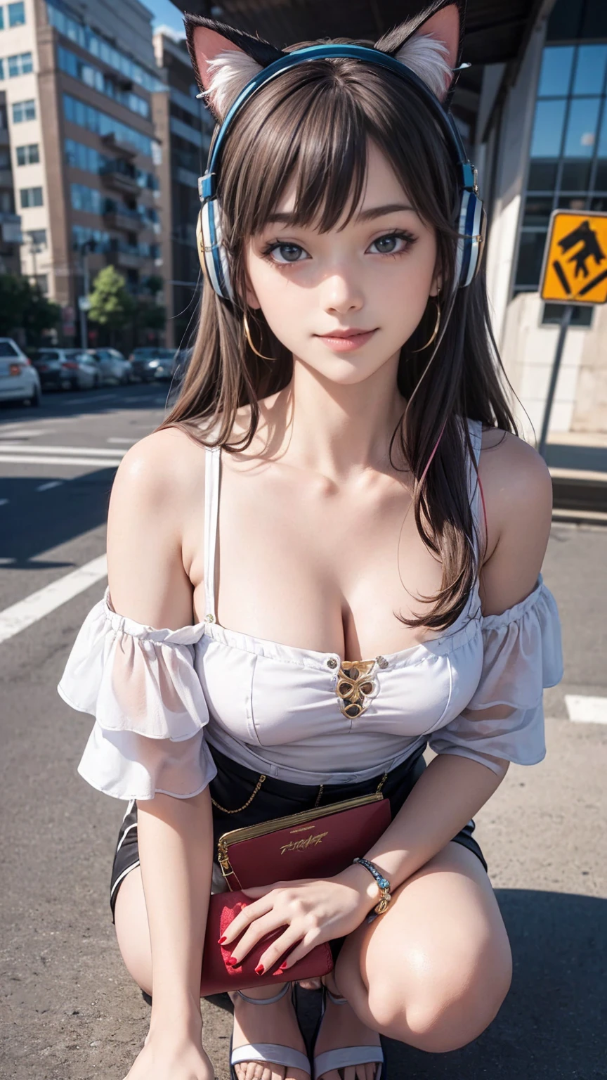 最high quality, 8K, masterpiece: 1.3, Ultra HD, high quality, 最high quality, High resolution, realism)) 、25 year old white woman、brunette、blue eyes、long hair、smile、slender、slenderだがアスリートのような細マッチョ、I don't want my head to disappear from the screen.、Wear accessories on your wrist、Wearing red nail polish、I have a peticure、aerial perspective((atmospheric perspective))、smile((smiley))、background blur((depth of field)、Wear a sheer, off-the-shoulder bodycon top、wear sandals、have a clutch bag、Skyscraper background、Waiting for a traffic light at an intersection、crystal earrings((crystal earrings))、inner color((colored inner hair))、long hair ((long hair))、dark blonde、Bangs at the parting((parted bangs))、Cat ear headphones((cat ear headphones))