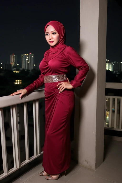 Malaysian, woman, blush, wore hijab, big breasts, smile, standing position, 1 person, collateral, tight clothes, malaysian national costume