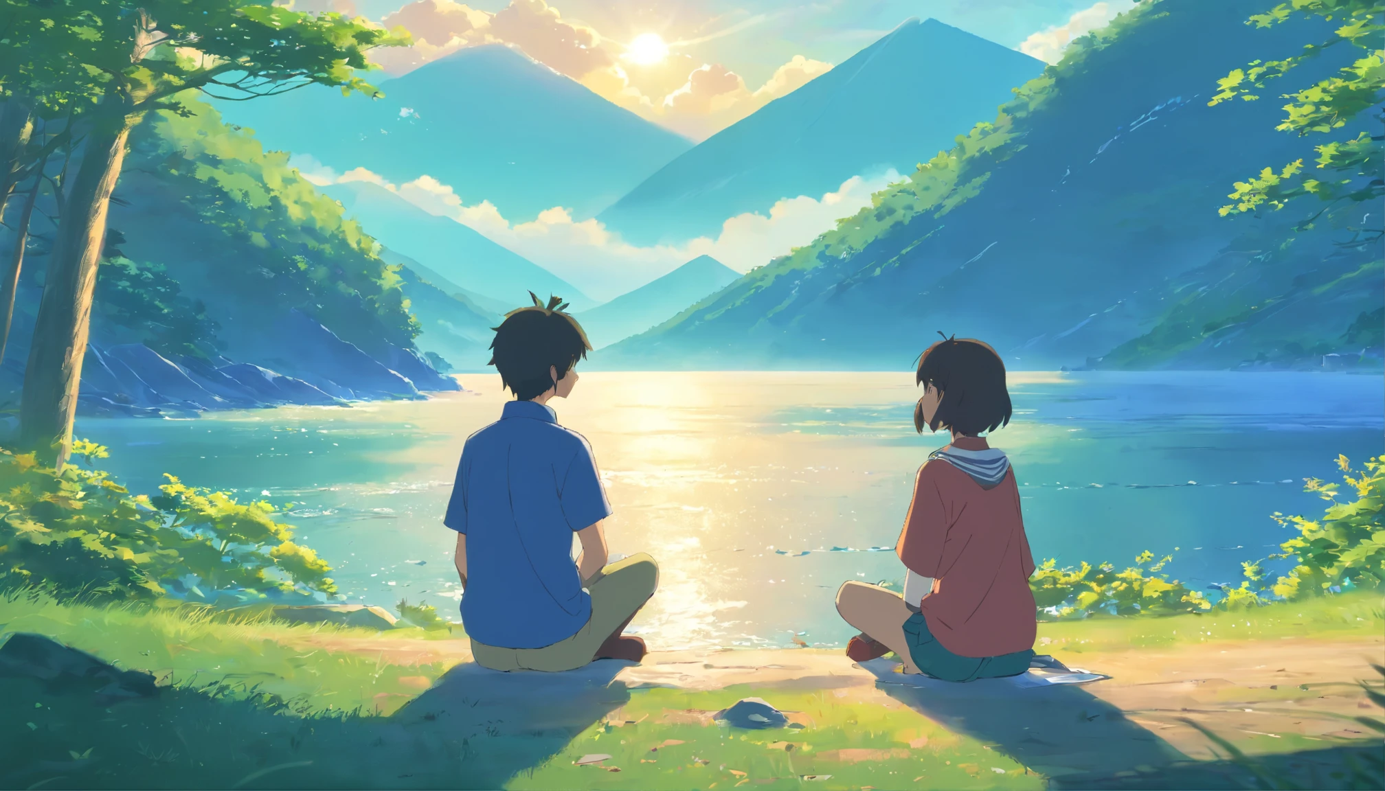 (masterpiece、Highest image quality)、meticulous detail、8K、art station、official art、splash art、Sharp fixed focus、daytime,lake,back view,Sitting on the ground facing the mountain,Large depiction of a person,author: Afro,Yurucamp△, elderly men and women,Pop Team Epic