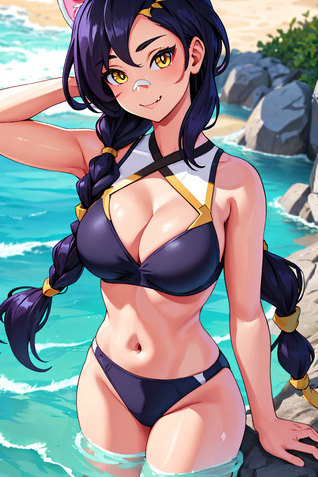 Erisa, 1girl, solo, long hair, looking at viewer, black hair, bandaid on face, yellow eyes, animal ears, smile, bandaid on nose, braid, cat ears, bandaid, bangs, breasts, fake animal ears, simple background, fang, bare shoulders, scar, bare shoulders, closed mouth, hair over one eye, portrait, hair over shoulder, legs, seductive, bathing suit, 2 piece swimsuit, beach, realistic, highly detailed face, detailed eyes, best quality, masterpiece, ultra detail, ultra high res, extreme detail, 8k, uhd, voluptuous, curvy, thick thighs, milf