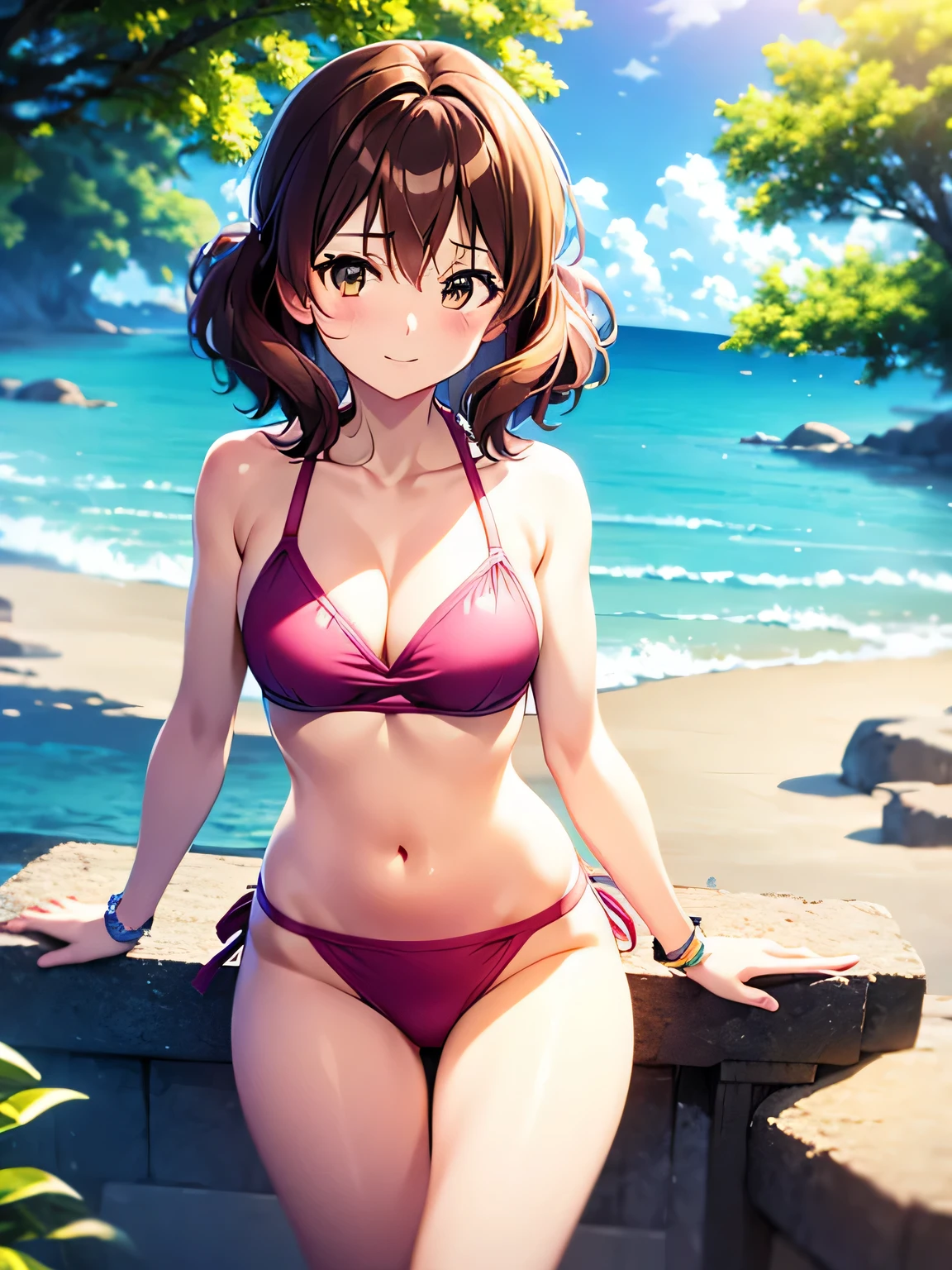 detailed、1 girl、solo、Kumiko Omae, short hair、wavy hair, Kitauji High School 、(pink bikini)、Anime girl with brown hair and brown eyes