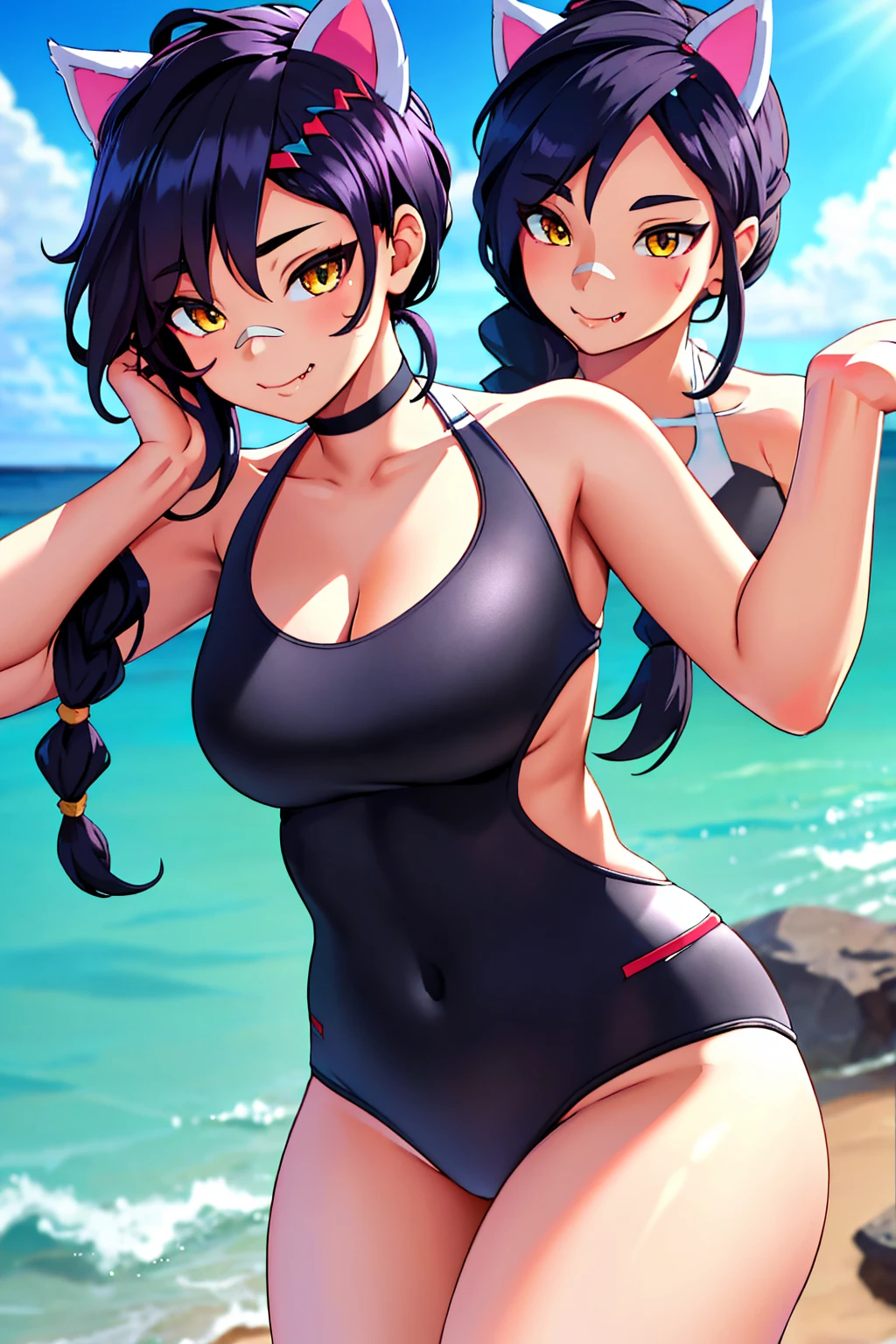 Erisa, 1girl, solo, long hair, looking at viewer, black hair, bandaid on face, yellow eyes, animal ears, smile, bandaid on nose, braid, cat ears, bandaid, bangs, breasts, fake animal ears, simple background, fang, bare shoulders, scar, bare shoulders, closed mouth, hair over one eye, portrait, hair over shoulder, legs, seductive, bathing suit, 2 piece swimsuit, beach, realistic, highly detailed face, detailed eyes, best quality, masterpiece, ultra detail, ultra high res, extreme detail, 8k, uhd, voluptuous, curvy, thick thighs, milf