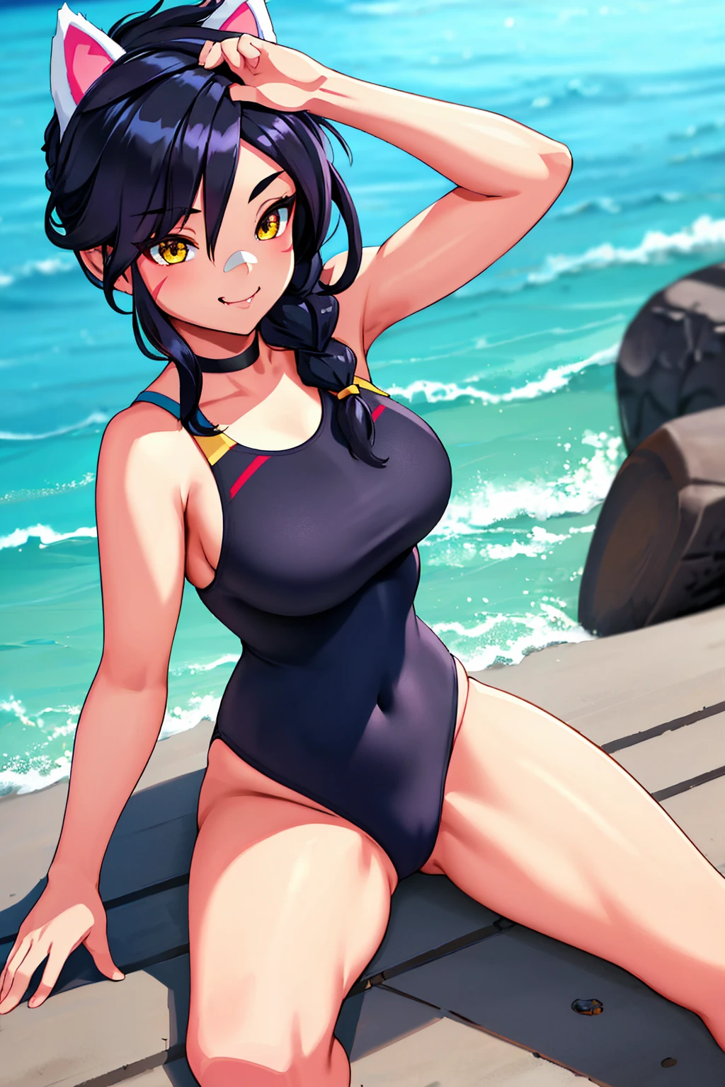 Erisa, 1girl, solo, long hair, looking at viewer, black hair, bandaid on face, yellow eyes, animal ears, smile, bandaid on nose, braid, cat ears, bandaid, bangs, breasts, fake animal ears, simple background, fang, bare shoulders, scar, bare shoulders, closed mouth, hair over one eye, portrait, hair over shoulder, legs, seductive, bathing suit, 2 piece swimsuit, beach, realistic, highly detailed face, detailed eyes, best quality, masterpiece, ultra detail, ultra high res, extreme detail, 8k, uhd, voluptuous, curvy, thick thighs, milf