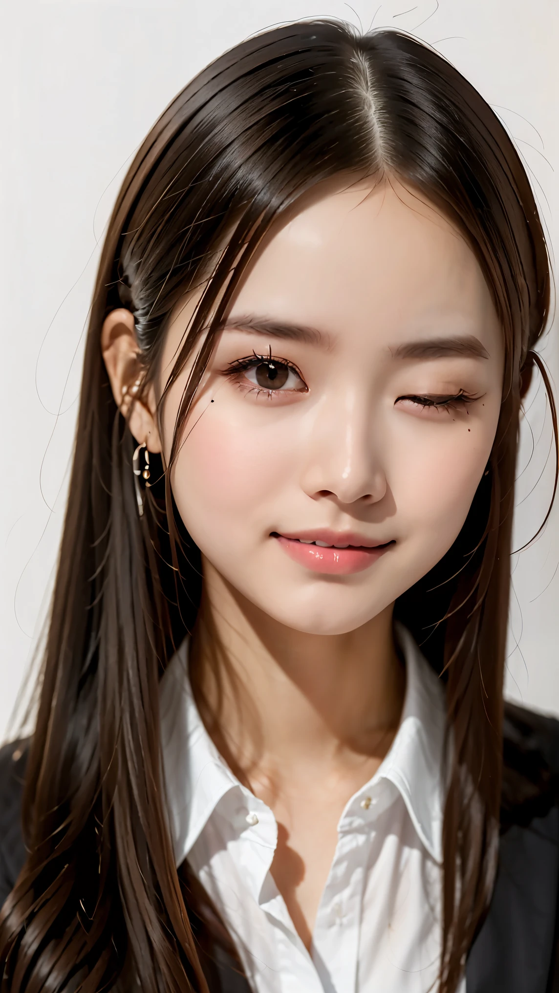 anna_girl, japanese_girl, close_one_eye, ((close one eye:1.2)), 18 year old girl, break, (flight attendant uniform:1.1), realistic photo, Highly detailed face and skin texture, natural neck length, (Dark brown hair, semi-long hair:1.2), standard body, ((small breasts)), BREAK,
((simple white background:1.4)), full-body shot, hands hip on, standing