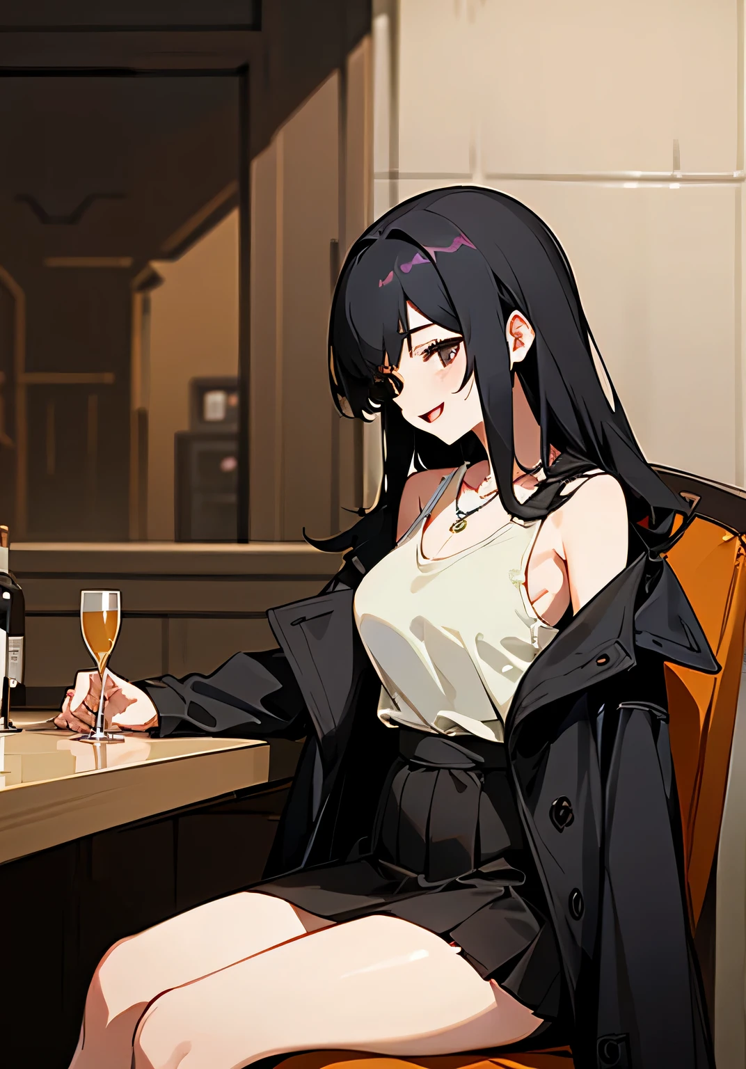 {best quality},Stylish bar counter、long black hair、mature woman、big breastischievous smile、open-mouth、trench coat、v-neck-tank top、skirt、necklace、clutch bag、Side view、cowboy shot、looking at the camera、sitting 、chair