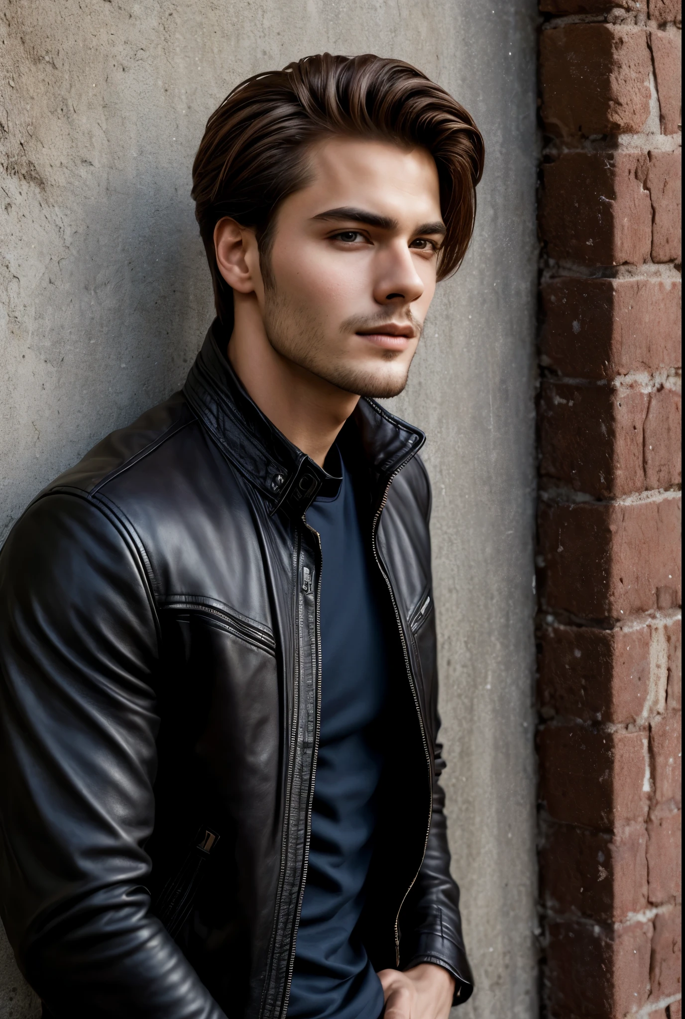 Arafeld man leaning against a wall in a leather jacket, inspired by Adam Dario Keel, maxim sukharev, attractive and good looking, Inspired by Ludovit Fula, close up portrait shot, maxim shirkov, close - up portrait shot, azimov, Sebastian Luca, profile shot, Handsome male, handsome attractive face, Portrait of a beautiful young man, beautiful male face