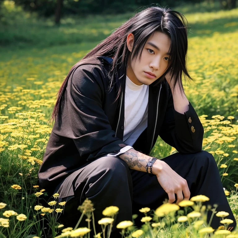 1 man, Japanese man, male, Asian eyes, muscular, broad shoulders, dragon tattoos, hairstyle Visual Kei style, hair Visual Kei, black men's shirt and black pants, ultra detailed face, hyperrealistic, realistic representation, long hair, long hair, 30 years old, age 30 years, blond, blonde hair, sitting on a meadow behind him you can see Mount Fuji Japan