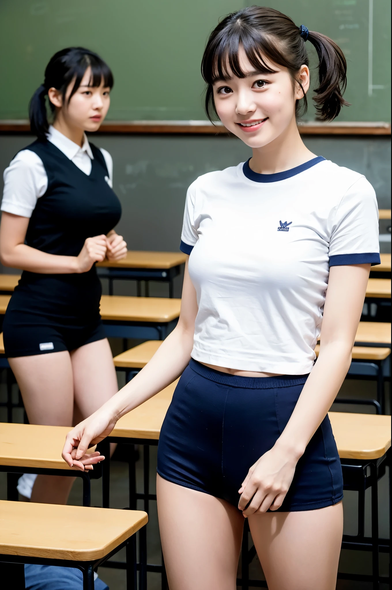 girls standing in school classroom,navy blue knitted school swimsuit vest,white leggings,18-year-old,bangs,a little smiles,thighs,knees,crotch,low ponytail,from below