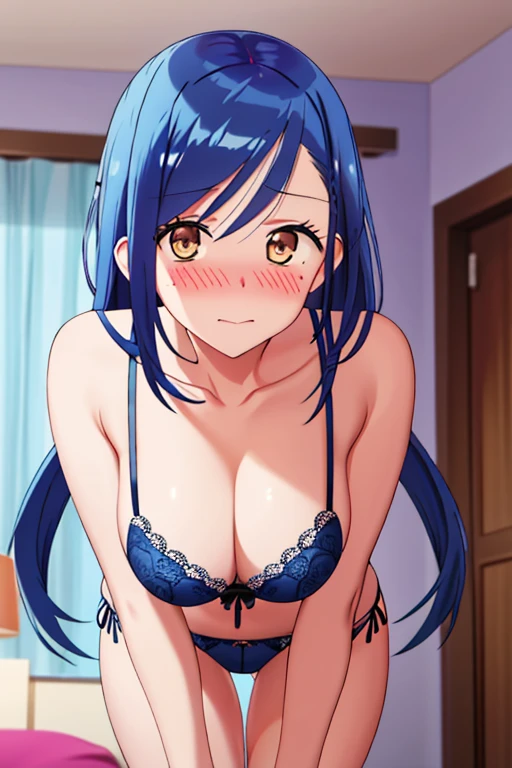 hight resolution, Breast Focus, Cowboy Shot, Looking at Viewer, bedroom, Curve, Blue hair, Middle hair, embarrassed,blush,medium breasts, Leaning forward,bent down, erotic, sexy lingerie