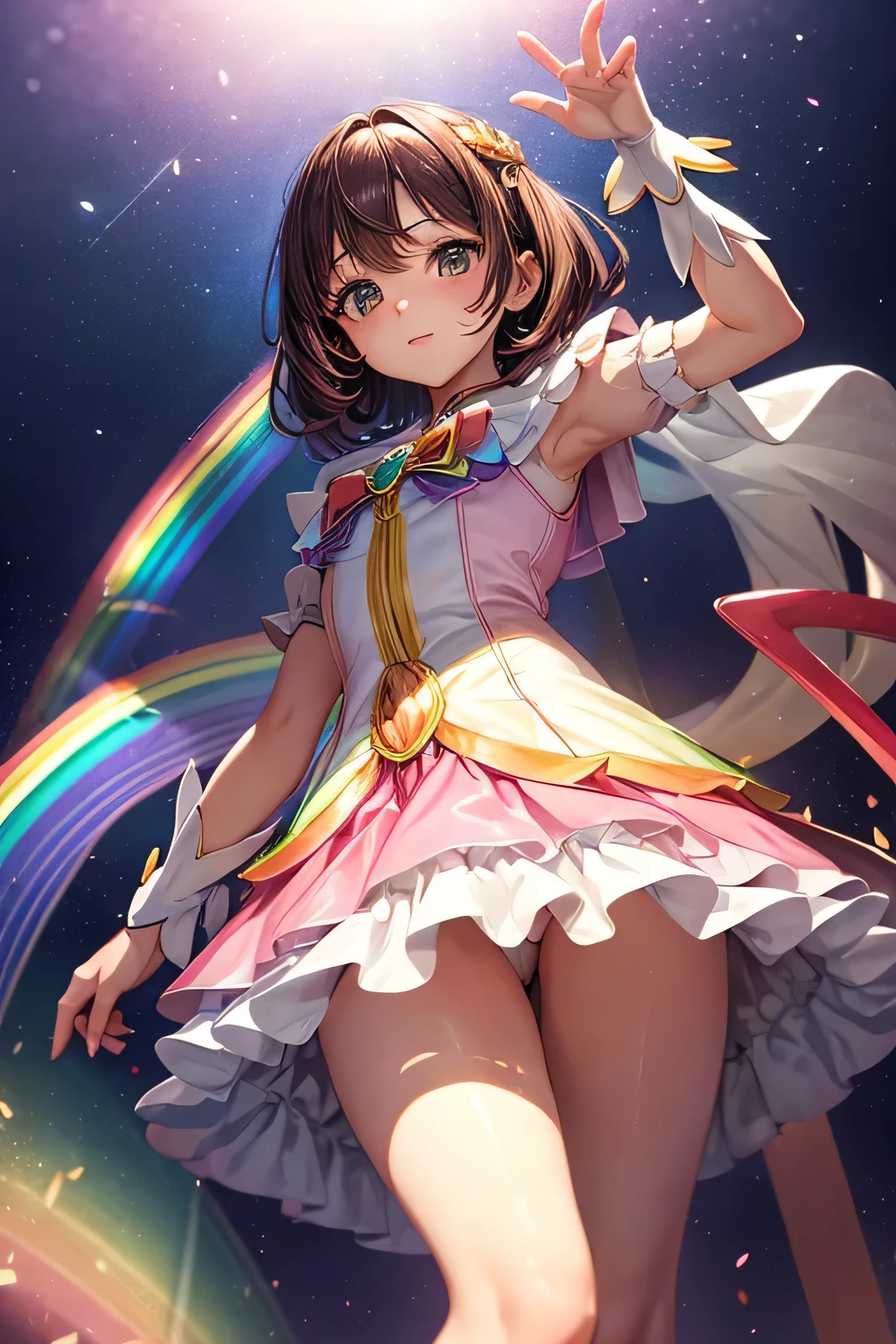 (((Rainbow Magical Girl Costume)))、(Panty shot)、Beautiful Magician、short brown hair、((whole body))、(((photo taken from below)))、The background is darkness