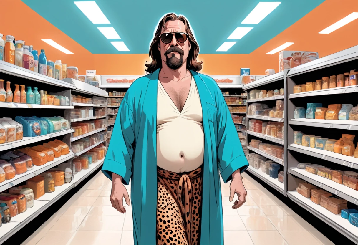 illustrate, (Flintstones, The Dude (big lebowski), inherent vice, style reference), hazy fever dream, inside convenience store past midnight, beyond place and time, visual jazz, (fred Flintstone, with black hair, thick eyebrows, a large nose, and tan beard stubble. He wears a deep sky blue or aqua teal-green necktie, an orange and animal print black-spotted loincloth, and has a large belly, portraying the Dude from Big Lebowski, wearing sunglass aviators and a loose fitting bathrobe), shopping in the aisles of a convenience store, food shelves, fish eye lens, panoramic view, hyper realism, too real, intense, hyper maximal, strange, cel shading, rich color grading, broad spectrum of ROYGBIV, deep warm hazy hues, hand drawn with realism, rotoscope, cinematic, framing and composition,