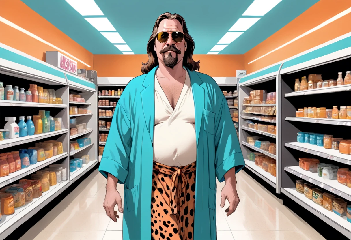 illustrate, (Flintstones, The Dude (big lebowski), inherent vice, style reference), hazy fever dream, inside convenience store past midnight, beyond place and time, visual jazz, (fred Flintstone, with black hair, thick eyebrows, a large nose, and tan beard stubble. He wears a deep sky blue or aqua teal-green necktie, an orange and animal print black-spotted loincloth, and has a large belly, portraying the Dude from Big Lebowski, wearing sunglass aviators and a loose fitting bathrobe), shopping in the aisles of a convenience store, food shelves, fish eye lens, panoramic view, hyper realism, too real, intense, hyper maximal, strange, cel shading, rich color grading, broad spectrum of ROYGBIV, deep warm hazy hues, hand drawn with realism, rotoscope, cinematic, framing and composition,
