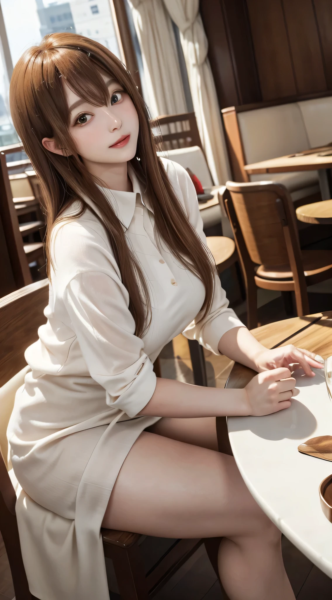 Beautiful white and shining skin、Chestnut hair that changes depending on the light、Long bangs between the eyes that obstruct the view、Cheek gloss highlights、the most beautiful face in the world、small face beauty、golden ratio、full body shot、Beautiful woman、plump breasts、slender、constriction、open your mouth a little、solo、sexy、Casual Business Wear、Great restaurant、table、night、