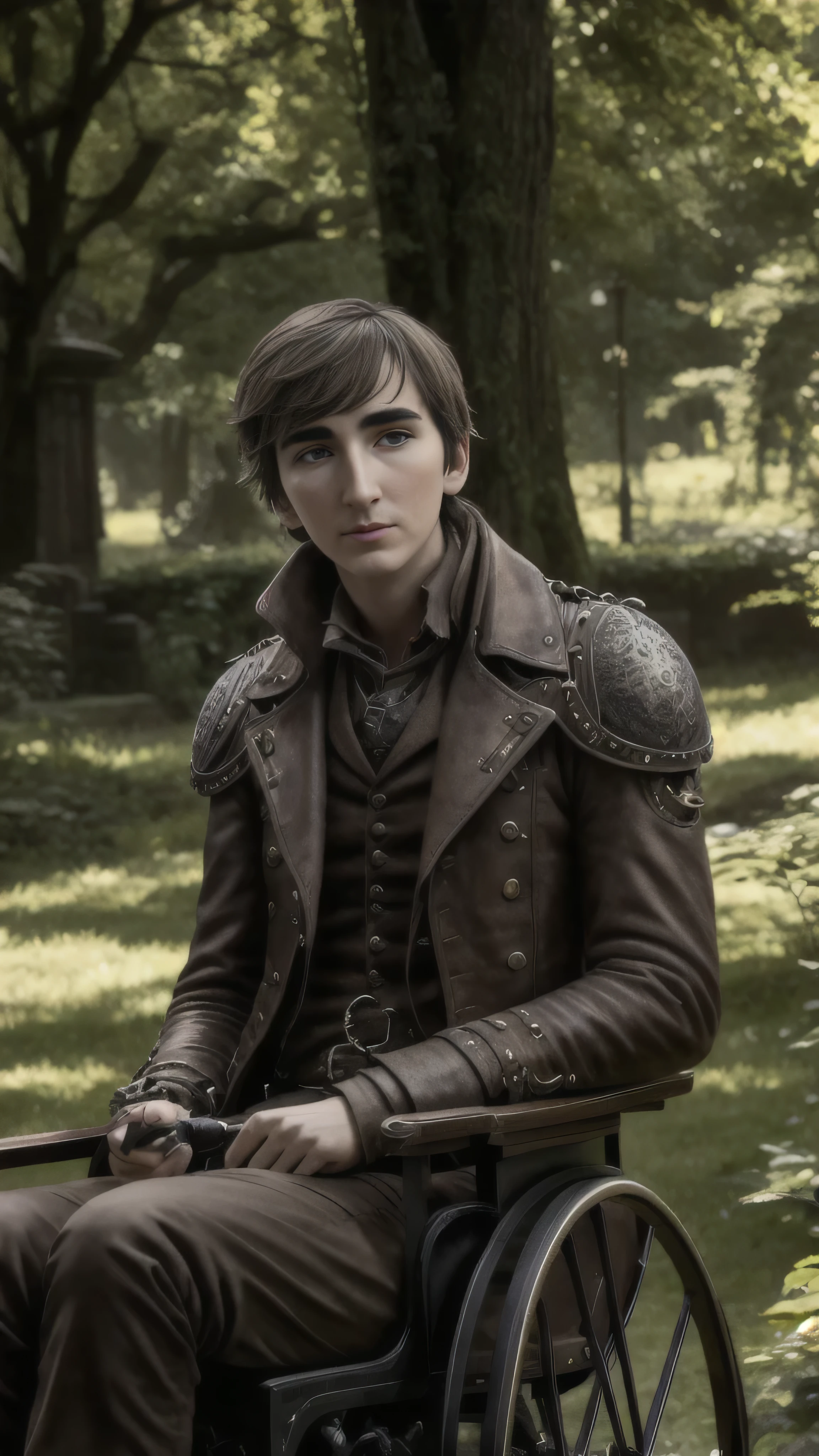 steampunkai, Isaac Hempstead Wright as br4nst4, blind, sitting in a steampunk wheelchair, near a big tree, steampunk garden, (1man), (solo), beautiful detailed glow, detailed, cinematic light, intricate detail, realistic, highres, detailed facial features, high detail, sharp focus, smooth, aesthetic, extremely, detailed, stamp, octane render