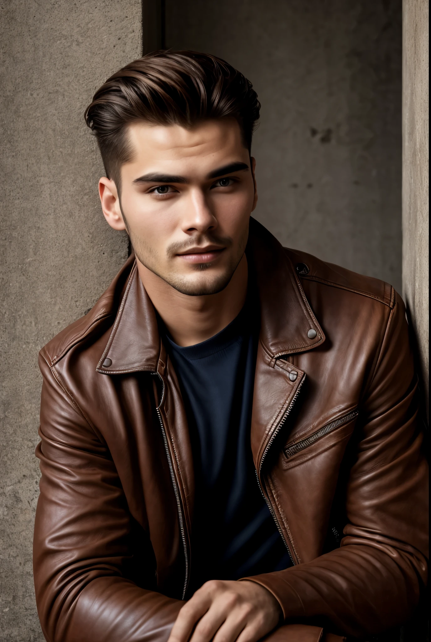 Arafeld man leaning against a wall in a leather jacket, inspired by Adam Dario Keel, maxim sukharev, attractive and good looking, Inspired by Ludovit Fula, close up portrait shot, maxim shirkov, close - up portrait shot, azimov, Sebastian Luca, profile shot, Handsome male, handsome attractive face, Portrait of a beautiful young man, beautiful male face