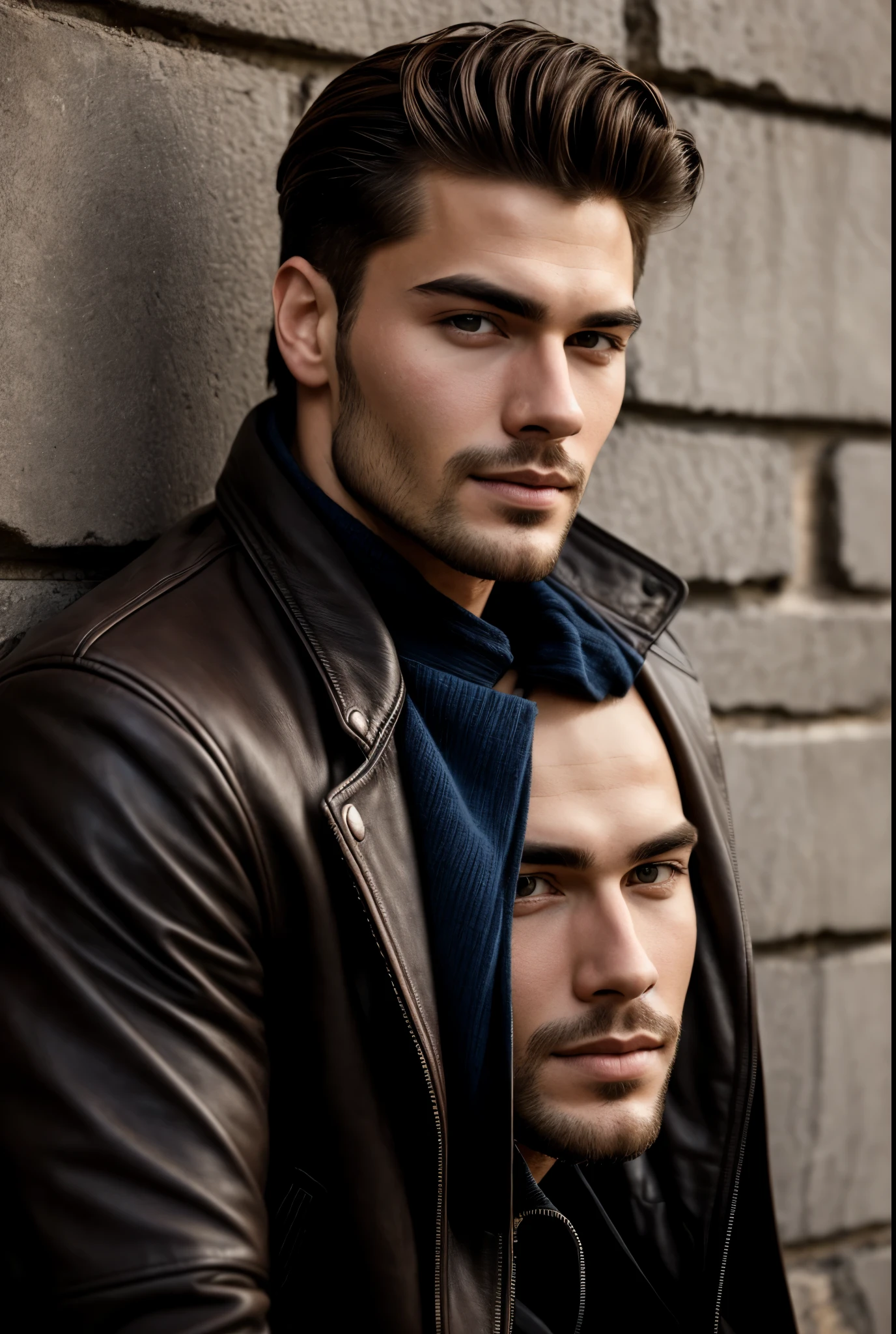Arafeld man leaning against a wall in a leather jacket, inspired by Adam Dario Keel, maxim sukharev, attractive and good looking, Inspired by Ludovit Fula, close up portrait shot, maxim shirkov, close - up portrait shot, azimov, Sebastian Luca, profile shot, Handsome male, handsome attractive face, Portrait of a beautiful young man, beautiful male face