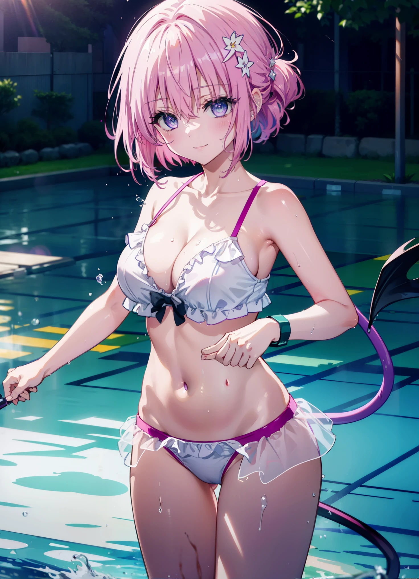 Momodeviluke, Deviluke type, demon tail, hair flower, hair ornaments, (purple eyes:1.1), pink hair, short hair, tail, smile,happy smile, smile, open your mouth,
break demon tail, green , school swimwear,wet hair,wet skin,barefoot,noon,Clear skies,
break ourdoors, School pool,
break looking at viewer, (cowboy shot:1.5),
break (masterpiece:1.2), highest quality, High resolution, unity 8k wallpaper, (figure:0.8), (beautiful detailed eyes:1.6), extremely detailed face, perfect lighting, extremely detailed CG, (perfect hands, perfect anatomy),