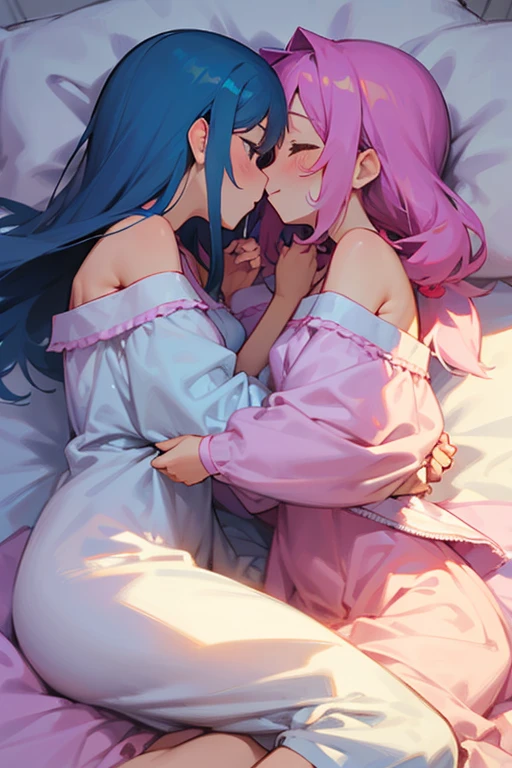 yuri couple、on the bed、A little erotic、cute、pastel colour、off shoulder、love、Homosexuals、3×3