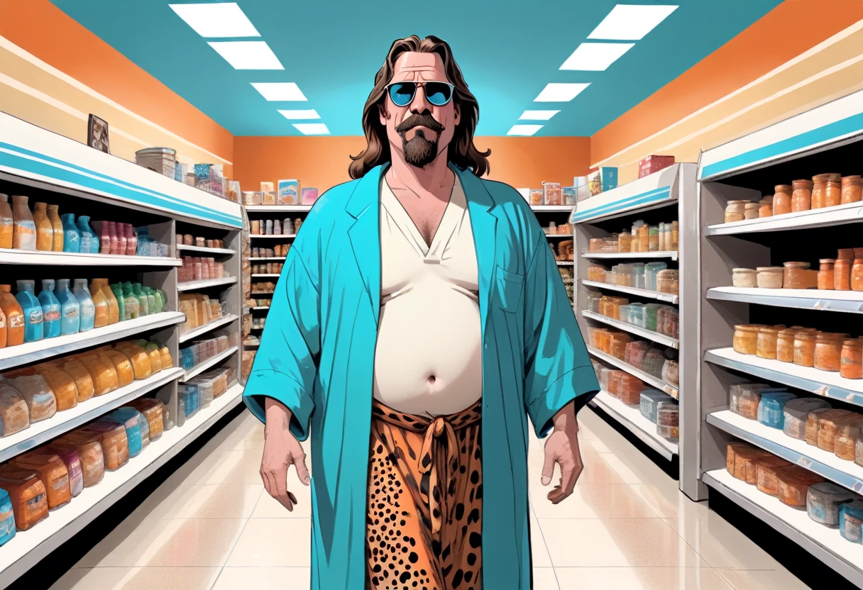 illustrate, (Flintstones, The Dude (big lebowski), inherent vice, style reference), hazy fever dream, inside convenience store past midnight, beyond place and time, visual jazz, (fred Flintstone, with black hair, thick eyebrows, a large nose, and tan beard stubble. He wears a deep sky blue or aqua teal-green necktie, an orange and animal print black-spotted loincloth, and has a large belly, portraying the Dude from Big Lebowski, wearing sunglass aviators and a loose fitting bathrobe), shopping in the aisles of a convenience store, food shelves, fish eye lens, panoramic view, hyper realism, too real, intense, hyper maximal, strange, cel shading, rich color grading, broad spectrum of ROYGBIV, deep warm hazy hues, hand drawn with realism, rotoscope, cinematic, framing and composition,
