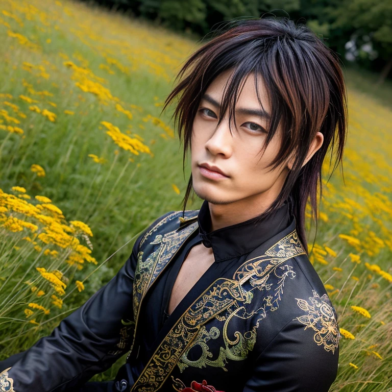 1 man, Japanese man, male, Asian eyes, muscular, broad shoulders, dragon tattoos, hairstyle Visual Kei style, hair Visual Kei, black men's shirt and black pants, ultra detailed face, hyperrealistic, realistic representation, long hair, long hair, 30 years old, age 30 years, blond, blonde hair, lies on a meadow
