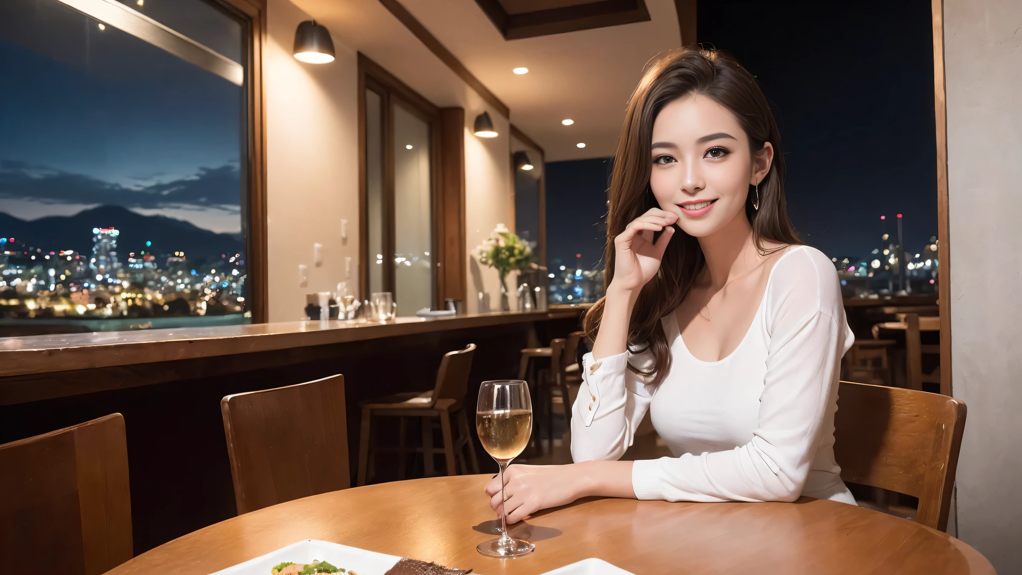 highest quality, ultra high resolution, genuine, photogenuineistic, 8K, break, Super fashion model, Japanese, (full body:1.4), break, Slim body、A bright smile、Slim beauty、highly detailed hair, shiny light brown hair, detailed face, highly detailed eyes, brown eyes, fine skin, (white skin), lip details, (smile, drunk), Natural light,Spectacular view of the sunset sky and clouds、Amazing mountain views、A lovely woman with a smile、The woman's face is bright、fox face、lady、Wine Party、hors d'oeuvre、Italian food、2 beauties、brown hair、shortcut、long sleeve shirt、winter fashion、dress、Japanese、Englishman、Dutch、German、Belgian、Italian、French,Wine bottle、hors d'oeuvre、Champagne、sparkling wine、Pretty Woman 1, (slim face), (Because I'm slender), (brown hair), (shortcut), cheeks turn a little red, (40 years old), 38 years old, attractive beauty、, A beautiful and detailed night view spreads out outside the window.........., restaurant, sitting in a wine glass, At night, in a prominent place (from the waist up) nova frog style, actress, model, Upper body, White wine, slim, wine glass, very beautiful night view, wine glass placed in the middle, Smile, (smile: 1.15), beautiful small eyes,