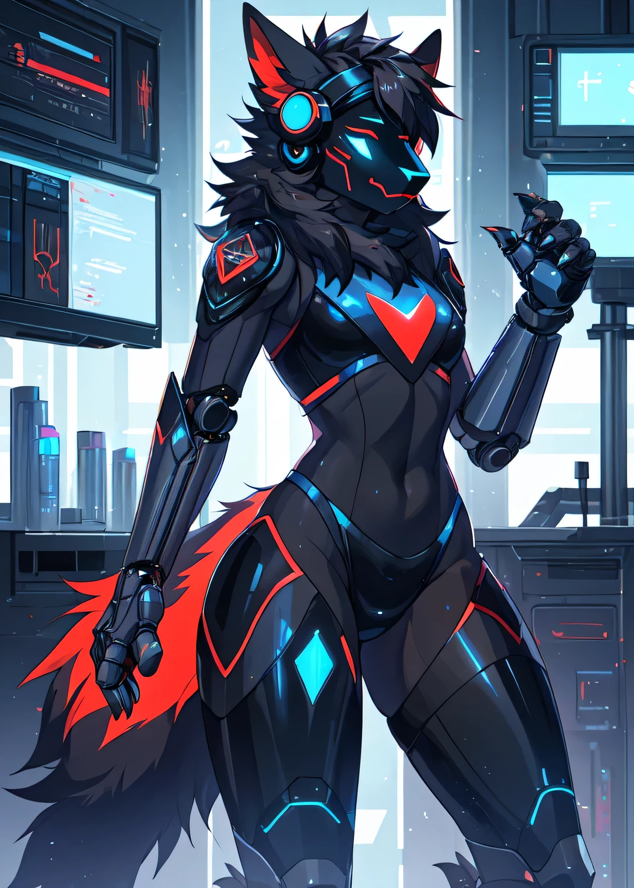 Solo, a red and black protogen, female, intricately designed cybernetic implants, tall, skinny, thick thighs, standing in a dark laboratory, illuminated body parts, by hyattlen, by fumiko, by claweddrip, posing seductively, realistic