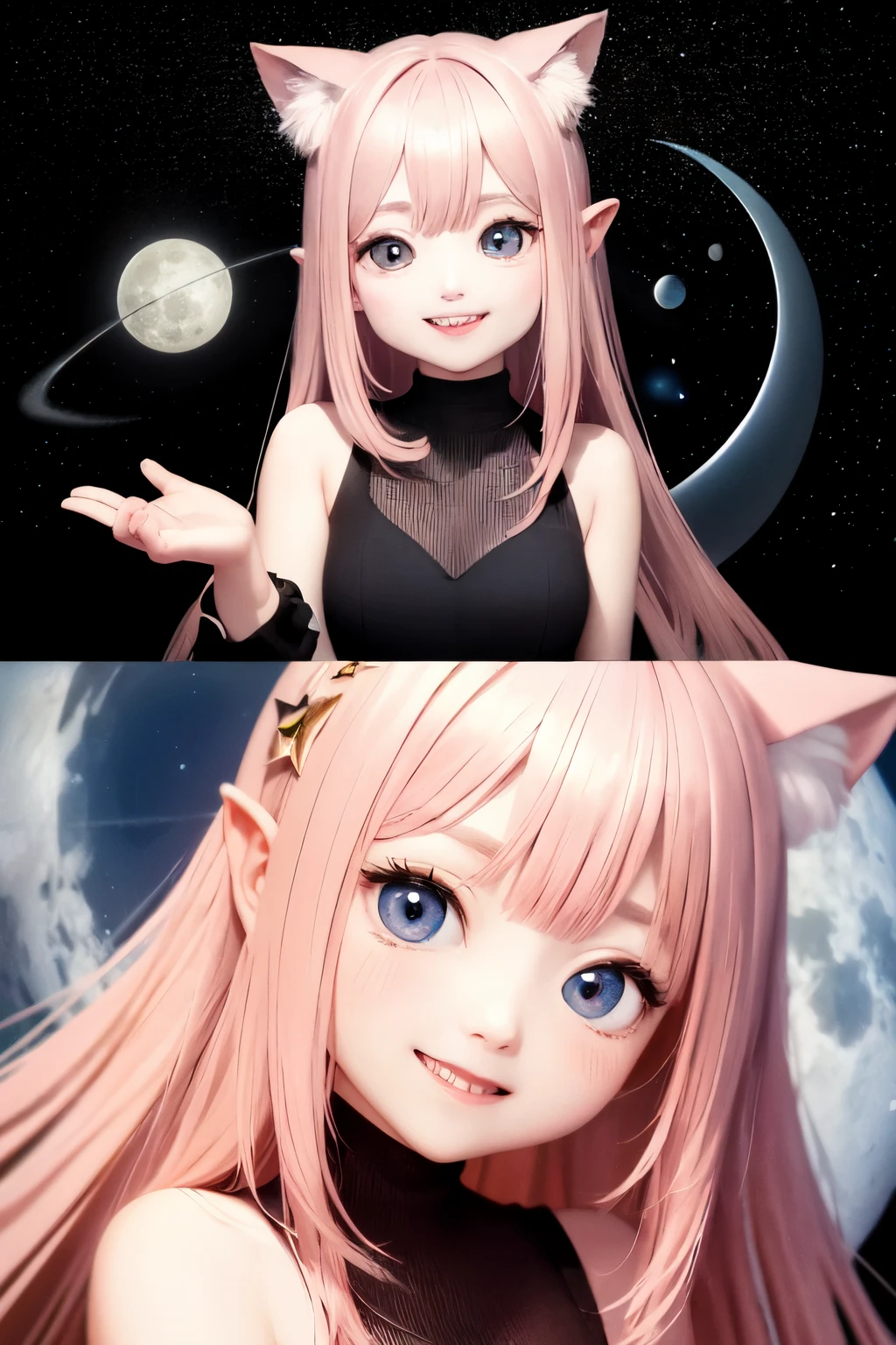 ((highest quality)), ((masterpiece)),Big eared cat、Adorable black eyes、Big eyes、smile、pink color、space in the background、moon、star、Sparkling、lame、mysterious