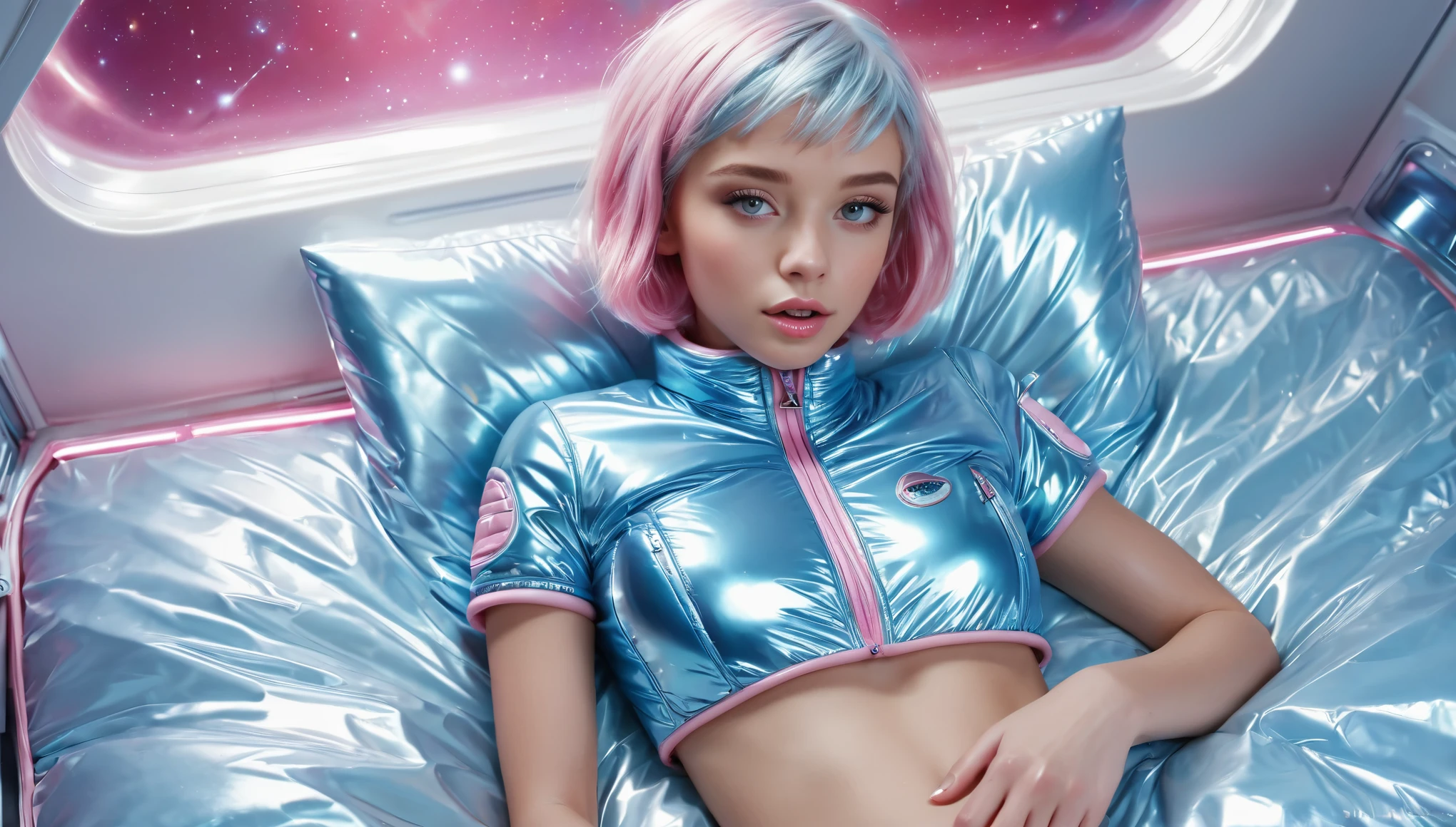 Masterpiece, Best Quality, ((cute girl in a shiny puffer,  light blue, pink, short sleeves, small perky breasts, extremely detailed face, detailed eyes, detailed lips, random short hairstyle, small hips, in a spaceship, on a bed, full body view))