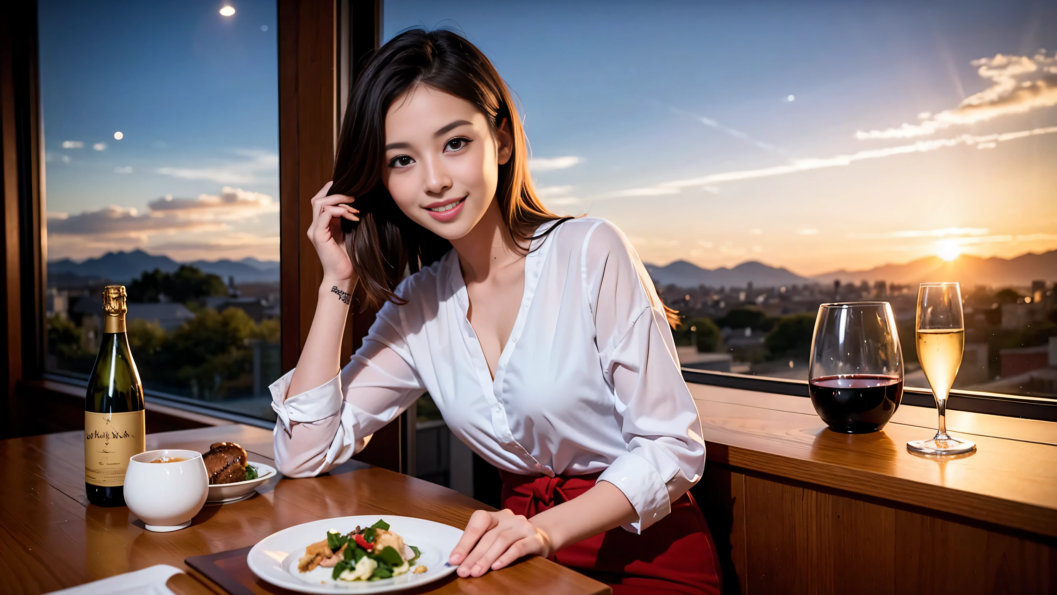 highest quality, ultra high resolution, genuine, photogenuineistic, 8K, break, Super fashion model, Japanese, (full body:1.4), break, Slim body、A bright smile、Slim beauty、highly detailed hair, shiny light brown hair, detailed face, highly detailed eyes, brown eyes, fine skin, (white skin), lip details, (smile, drunk), Natural light,Spectacular view of the sunset sky and clouds、Amazing mountain views、A lovely woman with a smile、The woman's face is bright、fox face、lady、Wine Party、hors d'oeuvre、Italian food、2 beauties、brown hair、shortcut、long sleeve shirt、winter fashion、dress、Japanese、Englishman、Dutch、German、Belgian、Italian、French,Wine bottle、hors d'oeuvre、Champagne、sparkling wine、Pretty Woman 1, (slim face), (Because I'm slender), (brown hair), (shortcut), cheeks turn a little red, (40 years old), 38 years old, attractive beauty、, A beautiful and detailed night view spreads out outside the window.........., restaurant, sitting in a wine glass, At night, in a prominent place (from the waist up) nova frog style, actress, model, Upper body, White wine, slim, wine glass, very beautiful night view, wine glass placed in the middle, Smile, (smile: 1.15), beautiful small eyes,