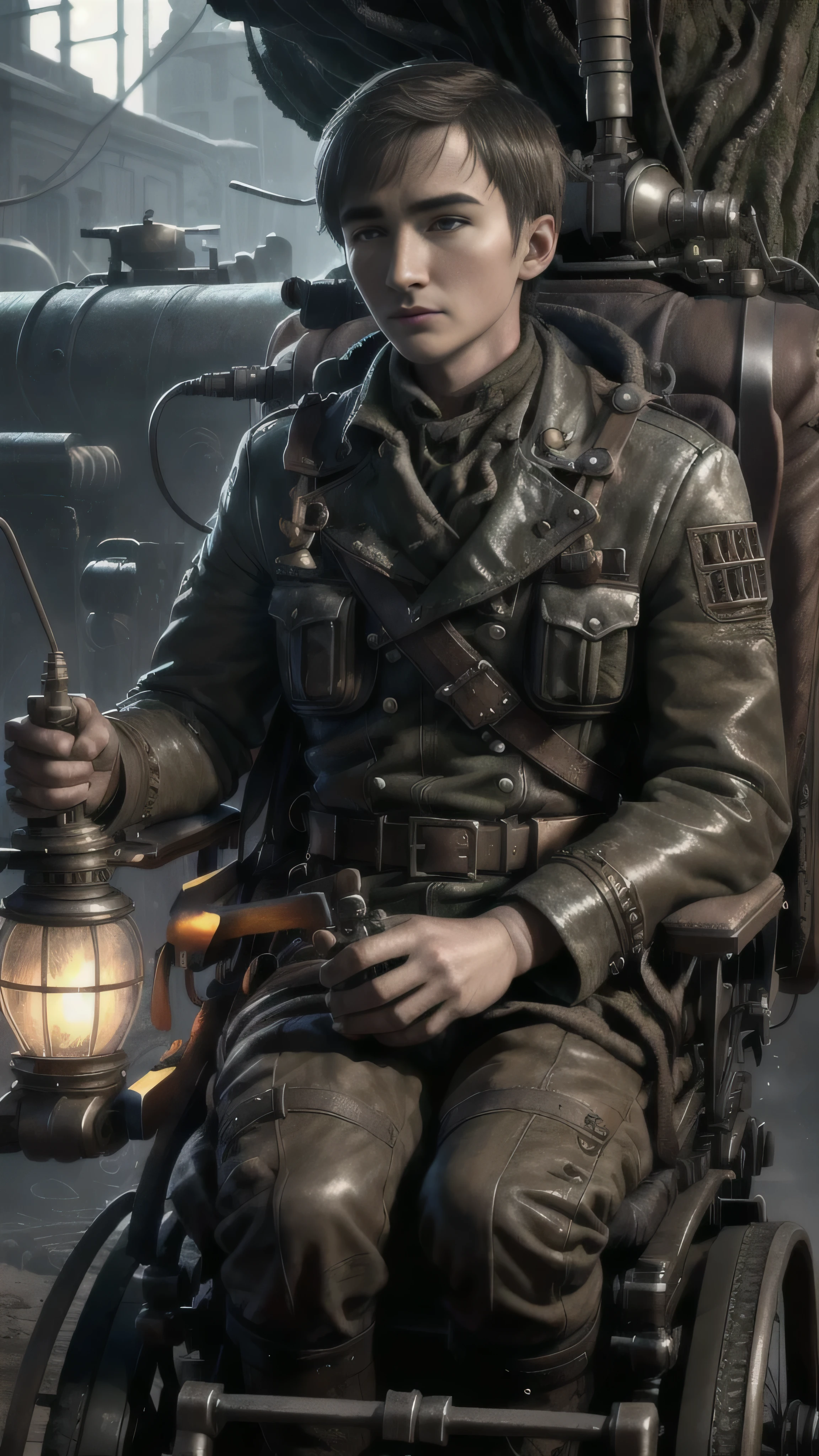 dieselpunkai, Isaac Hempstead Wright as br4nst4, blind, sitting in a dieselpunk wheelchair with motor, near a big tree, dieselpunk desert, (1man), (solo), beautiful detailed glow, detailed, cinematic light, intricate detail, realistic, highres, detailed facial features, high detail, sharp focus, smooth, aesthetic, extremely, detailed, stamp, octane render