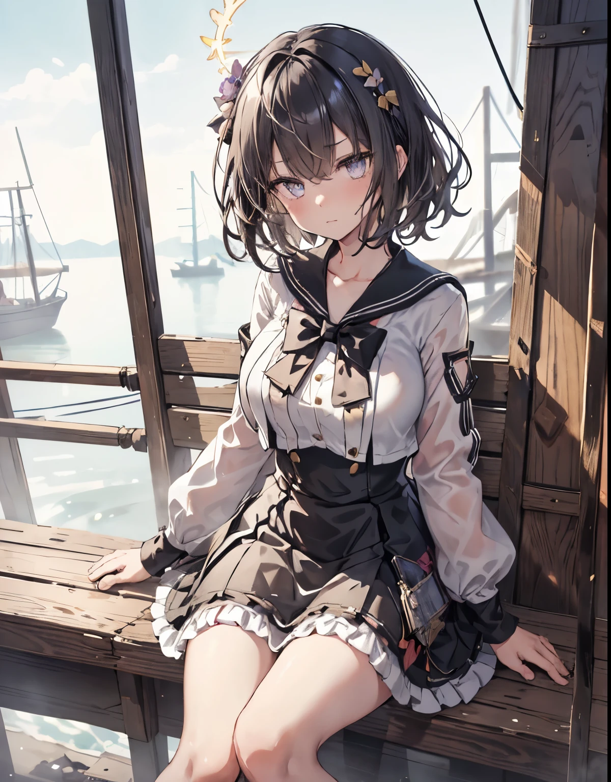 masterpiece, 1girl, sparrow, a black haired girl, wearing a sailor clothes, curly short hair, messy hair, slim body, he close her left eye, shirt ornament, ruby eyes, ahoge, baby face, huge breast, beautiful breasts, rounded breasts, long sleeves, beautiful eyes, white stocking, droopy eyes, skirt, black skirt, plaid skirt, her age is 19 years old, ricefield, bowtie, sailor collar, flared skirt, tight shirt, skirt, azusadress, angry face