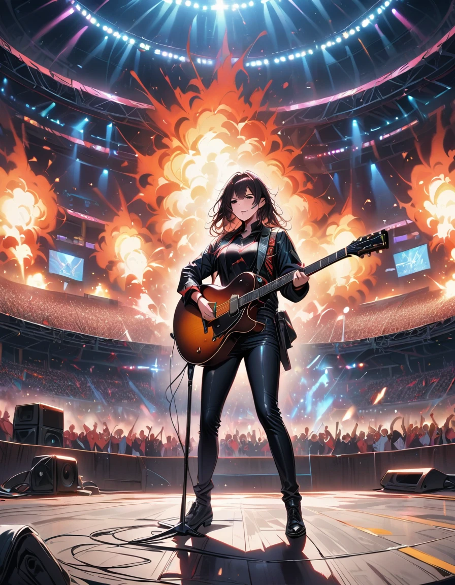 (best quality,4K,8K,high resolution,masterpiece:1.2),Super detailed,(actual,photoactual,photo-actual:1.37),rock star,singer,Guitar,Uniform,Black,tight,golden accents,spacewalk,hysterical singing,Stage lighting,rebellious,glitch art,bright colors,Energetic performance,electric atmosphere,loud music,screaming fans,Huge speakers,Fiery explosion,dynamic poses,Smoke and fog effects,expressive face,rotating lights,Flash,dark background,edgy style,wild hair,microphone stand,Guitar声音失真,rock music,Celebrity,电Guitar独奏,huge concert stage,strut on stage,Condescending,Emotional intensity,Loud and heavy drum beat,Electric energy,Stage fireworks,Powerful vocal performance,the stadium has a full crowd,thousands of fans,Roaring crowd,flash,electric atmosphere,sweaty and Energetic performance,legendary figures,Acting skills,standing ovation