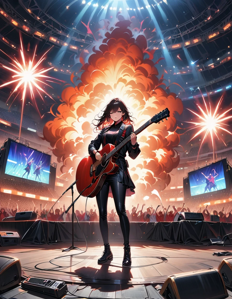 (best quality,4K,8K,high resolution,masterpiece:1.2),Super detailed,(actual,photoactual,photo-actual:1.37),rock star,singer,Guitar,Uniform,Black,tight,golden accents,spacewalk,hysterical singing,Stage lighting,rebellious,glitch art,bright colors,Energetic performance,electric atmosphere,loud music,screaming fans,Huge speakers,Fiery explosion,dynamic poses,Smoke and fog effects,expressive face,rotating lights,Flash,dark background,edgy style,wild hair,microphone stand,Guitar声音失真,rock music,Celebrity,电Guitar独奏,huge concert stage,strut on stage,Condescending,Emotional intensity,Loud and heavy drum beat,Electric energy,Stage fireworks,Powerful vocal performance,the stadium has a full crowd,thousands of fans,Roaring crowd,flash,electric atmosphere,sweaty and Energetic performance,legendary figures,Acting skills,standing ovation