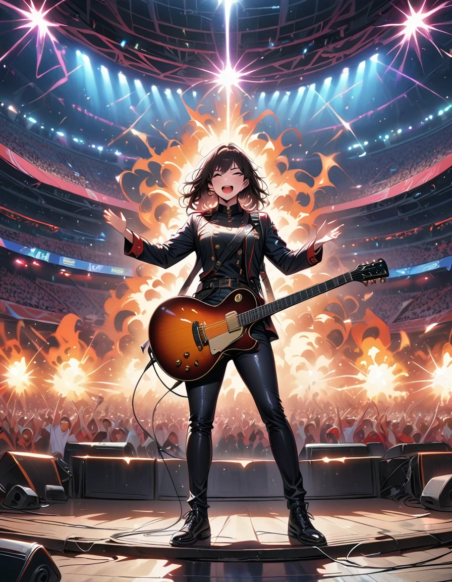 (best quality,4K,8K,high resolution,masterpiece:1.2),Super detailed,(actual,photoactual,photo-actual:1.37),rock star,singer,Guitar,Uniform,Black,tight,golden accents,spacewalk,hysterical singing,Stage lighting,rebellious,glitch art,bright colors,Energetic performance,electric atmosphere,loud music,screaming fans,Huge speakers,Fiery explosion,dynamic poses,Smoke and fog effects,expressive face,rotating lights,Flash,dark background,edgy style,wild hair,microphone stand,Guitar声音失真,rock music,Celebrity,电Guitar独奏,huge concert stage,strut on stage,Condescending,Emotional intensity,Loud and heavy drum beat,Electric energy,Stage fireworks,Powerful vocal performance,the stadium has a full crowd,thousands of fans,Roaring crowd,flash,electric atmosphere,sweaty and Energetic performance,legendary figures,Acting skills,standing ovation