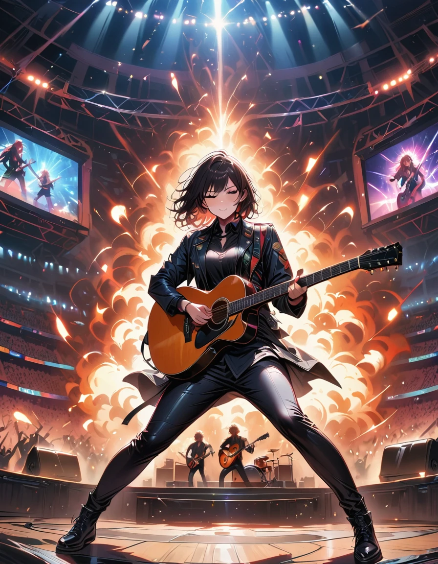 (best quality,4K,8K,high resolution,masterpiece:1.2),Super detailed,(actual,photoactual,photo-actual:1.37),rock star,singer,Guitar,Uniform,Black,tight,golden accents,spacewalk,hysterical singing,Stage lighting,rebellious,glitch art,bright colors,Energetic performance,electric atmosphere,loud music,screaming fans,Huge speakers,Fiery explosion,dynamic poses,Smoke and fog effects,expressive face,rotating lights,Flash,dark background,edgy style,wild hair,microphone stand,Guitar声音失真,rock music,Celebrity,电Guitar独奏,huge concert stage,strut on stage,Condescending,Emotional intensity,Loud and heavy drum beat,Electric energy,Stage fireworks,Powerful vocal performance,the stadium has a full crowd,thousands of fans,Roaring crowd,flash,electric atmosphere,sweaty and Energetic performance,legendary figures,Acting skills,standing ovation