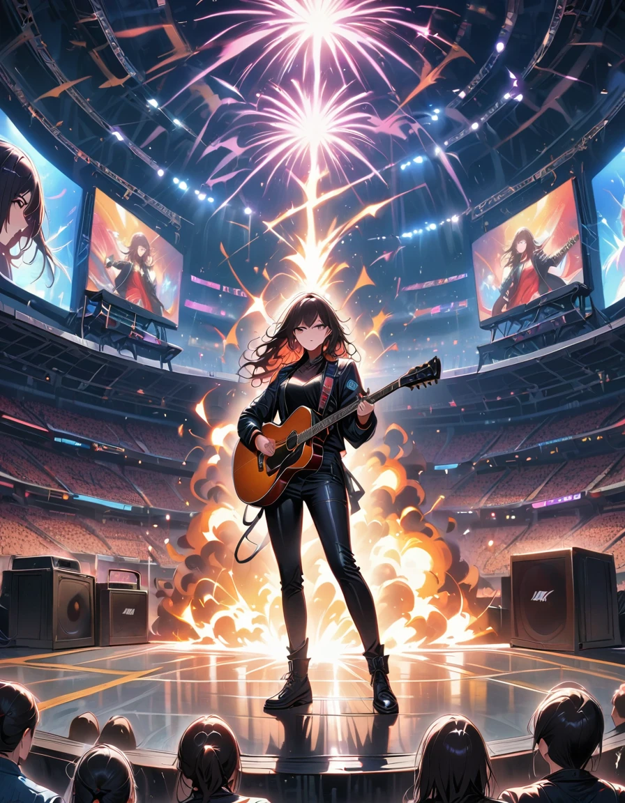 (best quality,4K,8K,high resolution,masterpiece:1.2),Super detailed,(actual,photoactual,photo-actual:1.37),rock star,singer,Guitar,Uniform,Black,tight,golden accents,spacewalk,hysterical singing,Stage lighting,rebellious,glitch art,bright colors,Energetic performance,electric atmosphere,loud music,screaming fans,Huge speakers,Fiery explosion,dynamic poses,Smoke and fog effects,expressive face,rotating lights,Flash,dark background,edgy style,wild hair,microphone stand,Guitar声音失真,rock music,Celebrity,电Guitar独奏,huge concert stage,strut on stage,Condescending,Emotional intensity,Loud and heavy drum beat,Electric energy,Stage fireworks,Powerful vocal performance,the stadium has a full crowd,thousands of fans,Roaring crowd,flash,electric atmosphere,sweaty and Energetic performance,legendary figures,Acting skills,standing ovation