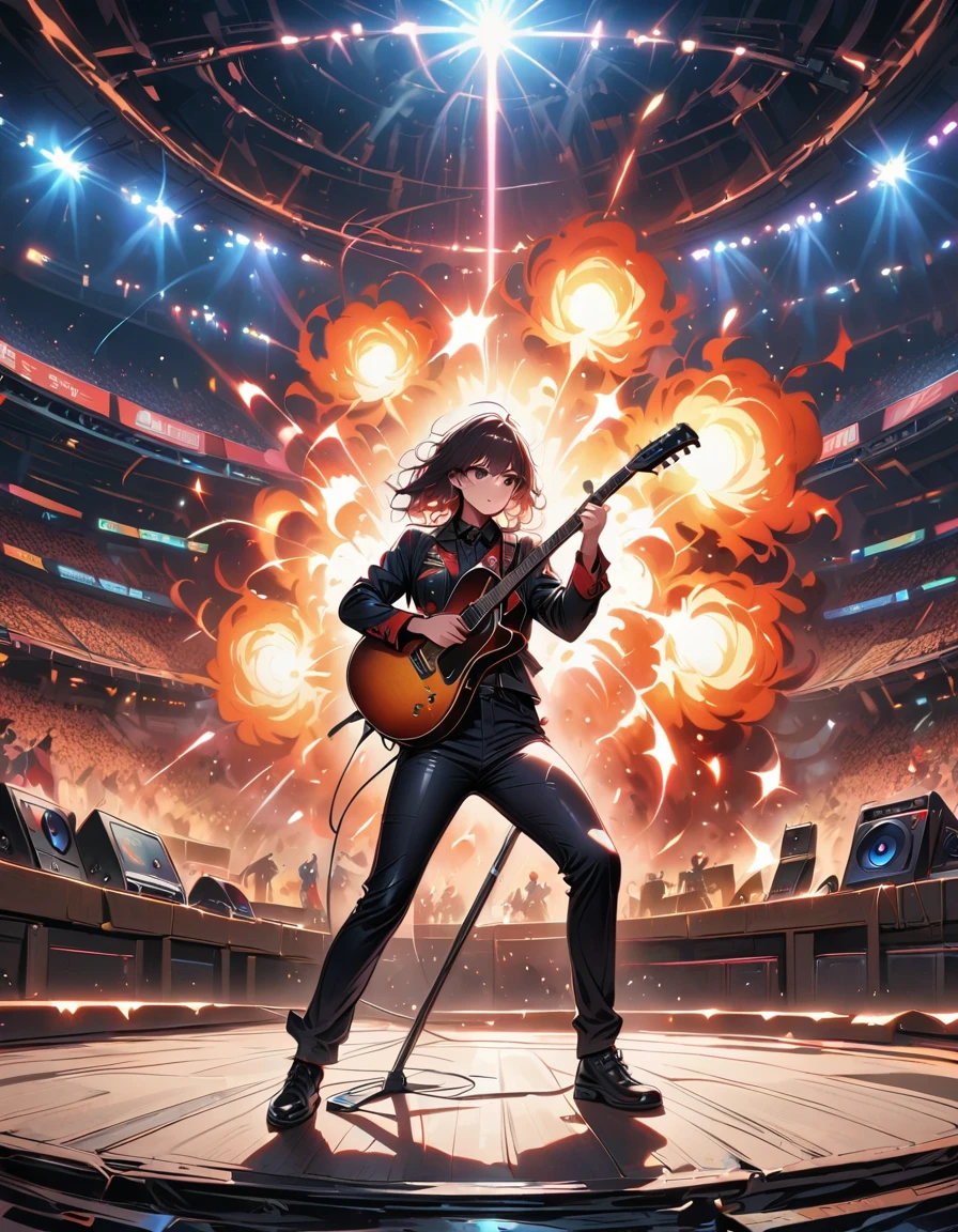 (best quality,4K,8K,high resolution,masterpiece:1.2),Super detailed,(actual,photoactual,photo-actual:1.37),rock star,singer,Guitar,Uniform,Black,tight,golden accents,spacewalk,hysterical singing,Stage lighting,rebellious,glitch art,bright colors,Energetic performance,electric atmosphere,loud music,screaming fans,Huge speakers,Fiery explosion,dynamic poses,Smoke and fog effects,expressive face,rotating lights,Flash,dark background,edgy style,wild hair,microphone stand,Guitar声音失真,rock music,Celebrity,电Guitar独奏,huge concert stage,strut on stage,Condescending,Emotional intensity,Loud and heavy drum beat,Electric energy,Stage fireworks,Powerful vocal performance,the stadium has a full crowd,thousands of fans,Roaring crowd,flash,electric atmosphere,sweaty and Energetic performance,legendary figures,Acting skills,standing ovation