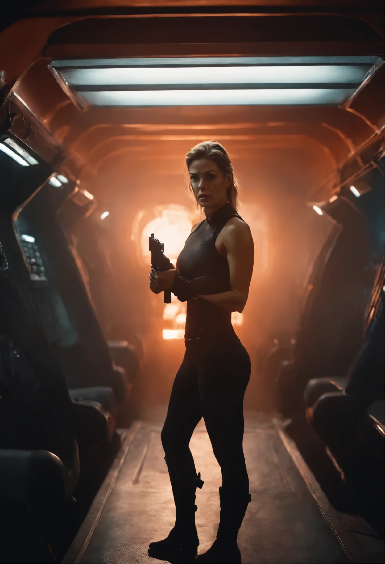 Sci Fi Hot cleverage open torso or chest ponytail scared terrified Sci fi adrianne palicki holding a sci fi pistol on ishimura haunted abandoned Horror Space Ship photography, photorealism, cinematic rendering, ray tracing, the highest quality, the highest detail, Cinematic, Third-Person View, Blur Effect, Long Exposure, 8K, Ultra-HD, Natural Lighting, Spooky Red orange mist Moody Lighting, Cinematic Lighting