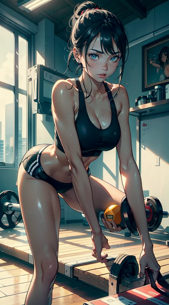 (ultra-realistic rendering, highest quality), ((highest quality, 16k, masterpiece: 1.3)), (beauty, 1 girl), (realistic photo shot in a dark studio), (medium full body shot), (20 year old girl posing sexy in gym),random pose, (Sexy sports outfits), sports leggings, play sports often, beautiful and detailed face, small breasts, glossy black hair, (realistic glowing skin), masterpiece, highest quality, High Resolution Scan, (professionally color graded), sharp focus, rim lighting, 薄darkです, two-tone lighting, dark, Emphasis buttocks,young sensual gravure idol, Glossy skin that looks wet!!, shiny silver, Cute freckles on the cheeks,((beautiful skin)),((skin texture)),((Real Touch)),healthy, Ruddy, Hair tied up with a rubber band,
